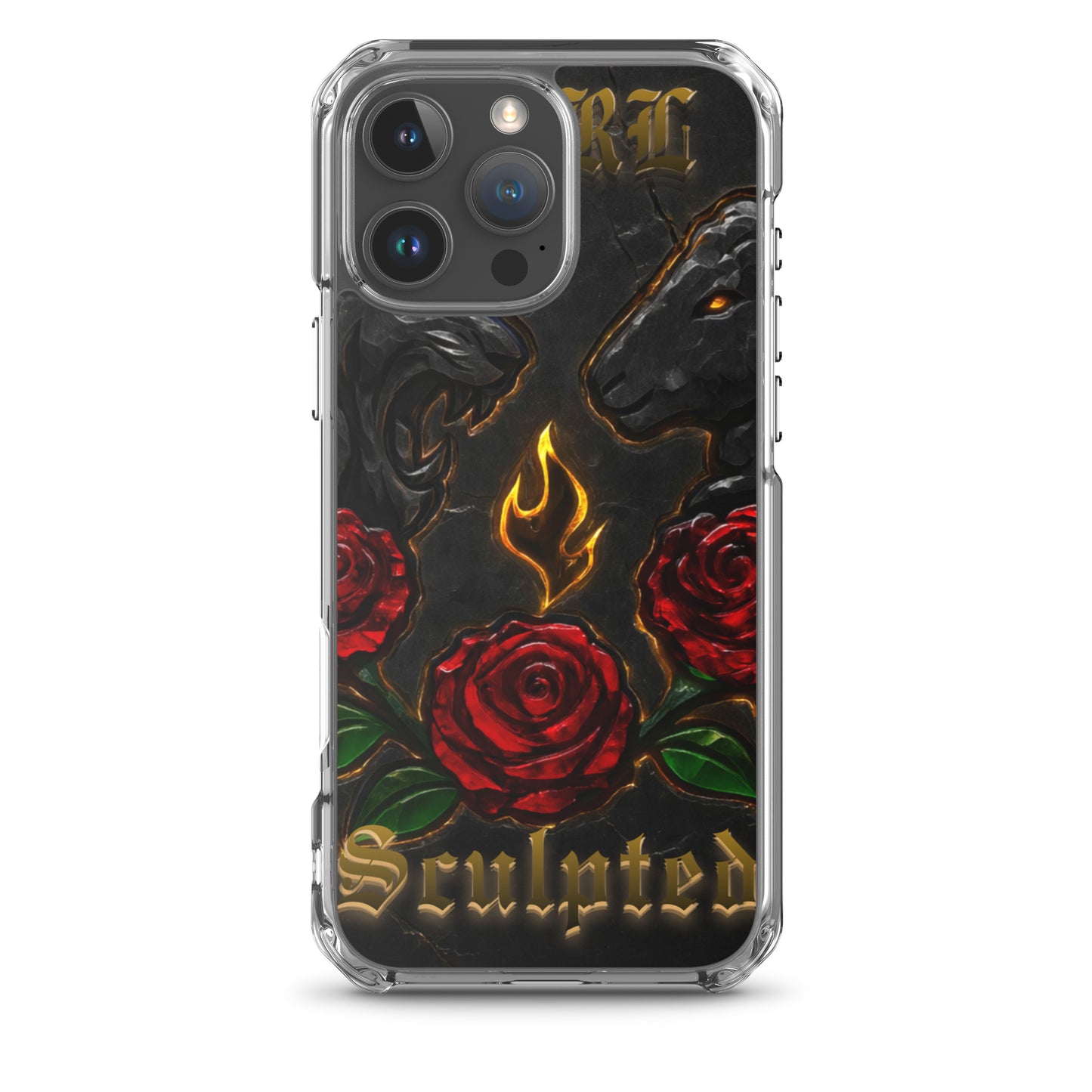 Phone case with lion and lamb design and rose design on a black background