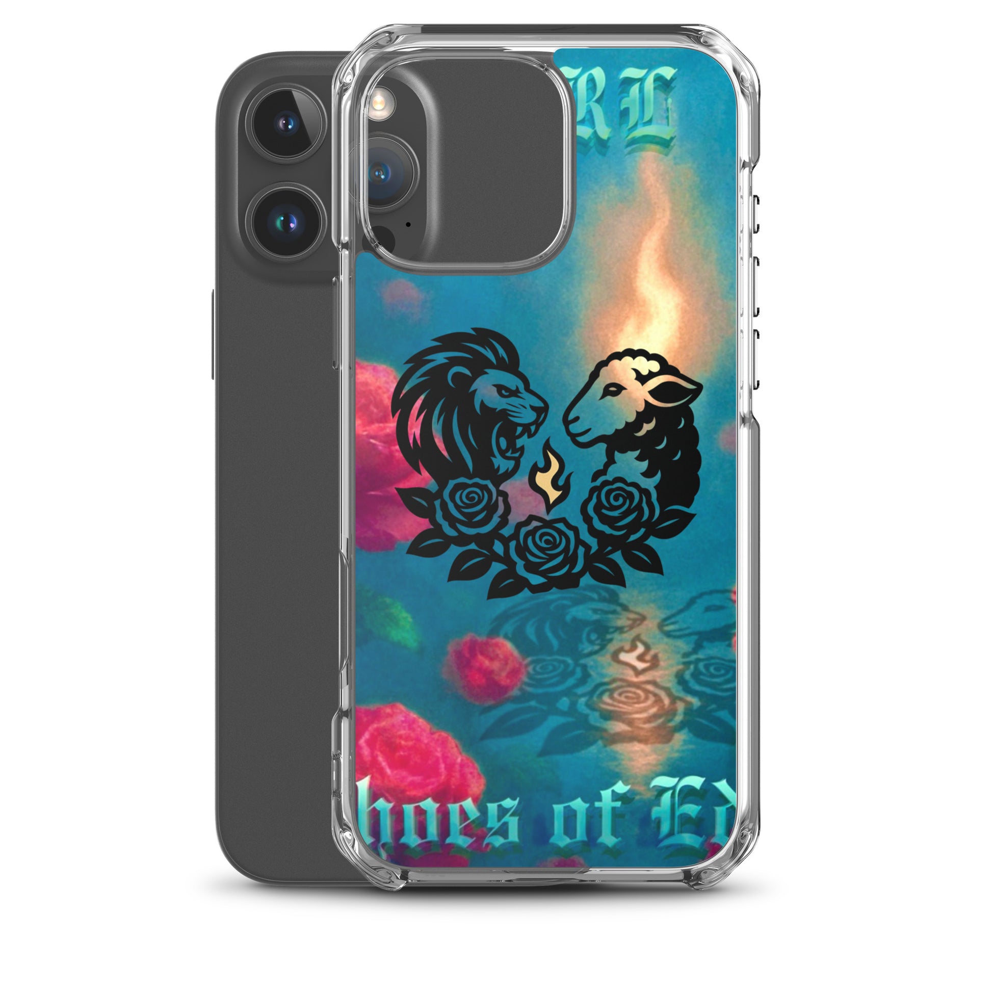 Phone case with lion and lamb design and colorful background