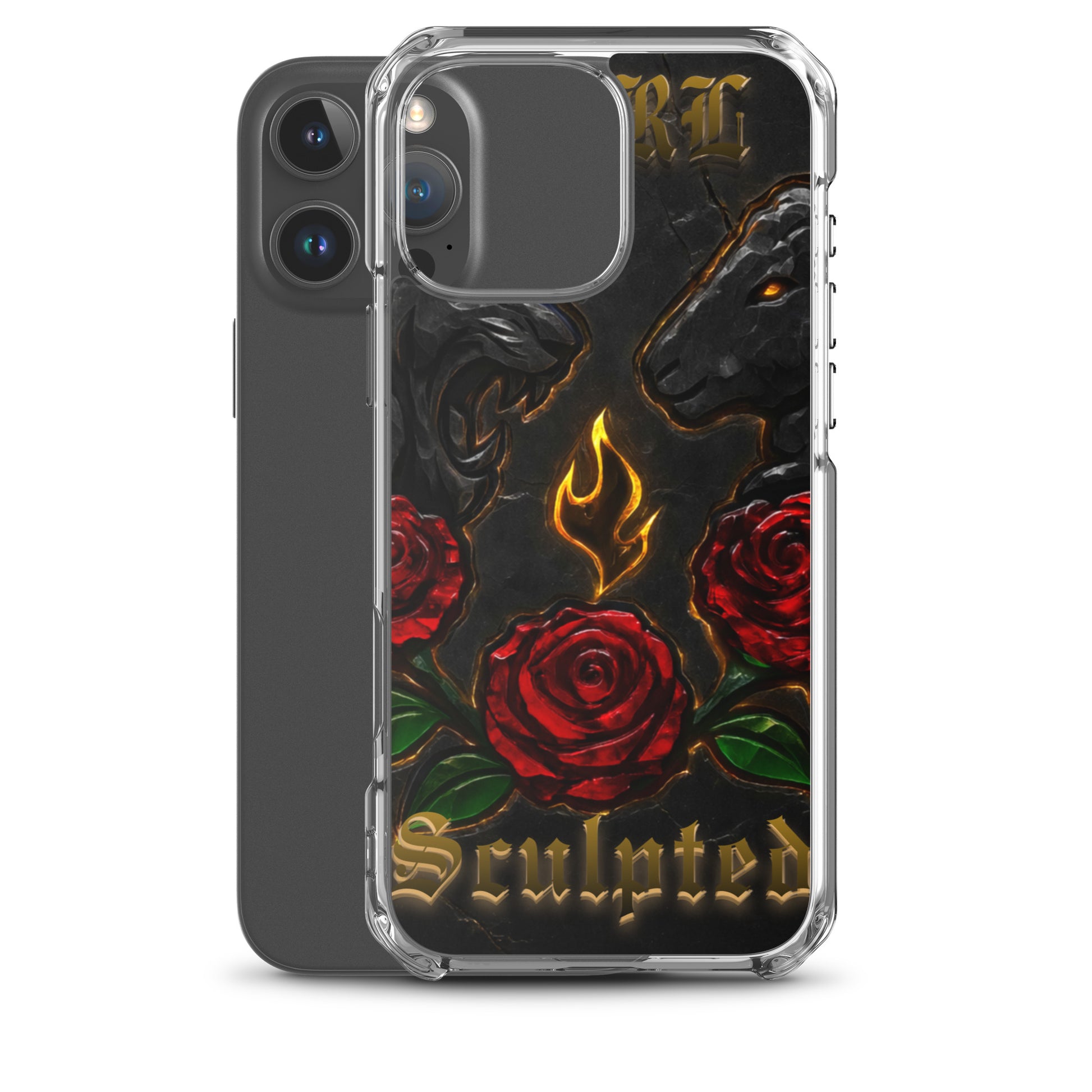 Phone case with red roses, flames, and 'Sculpted' text on a black background