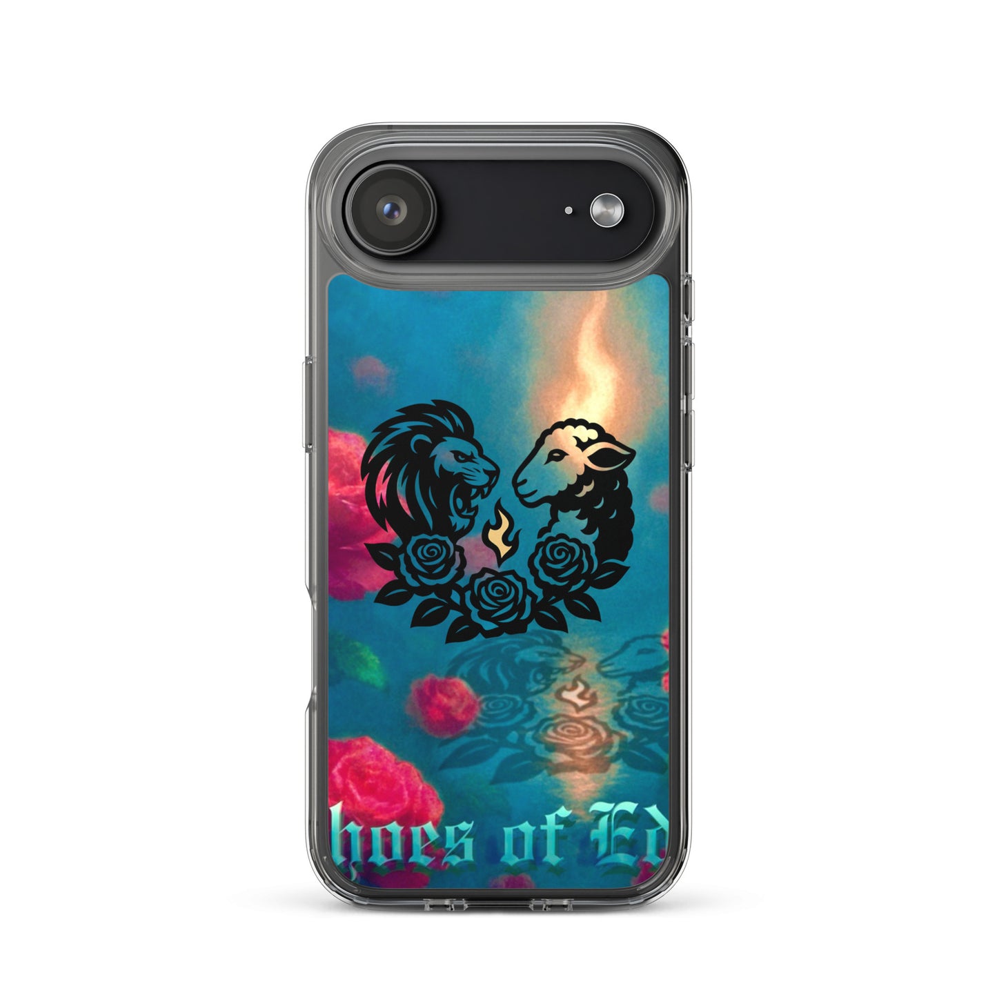 Phone case with lion and sheep design and colorful background on a white background