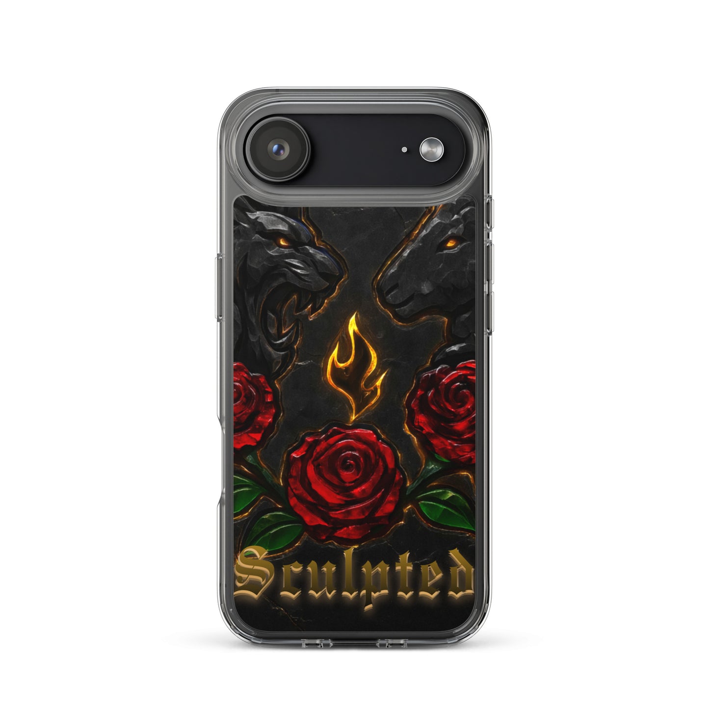 Phone case with red roses and flame design on a black background