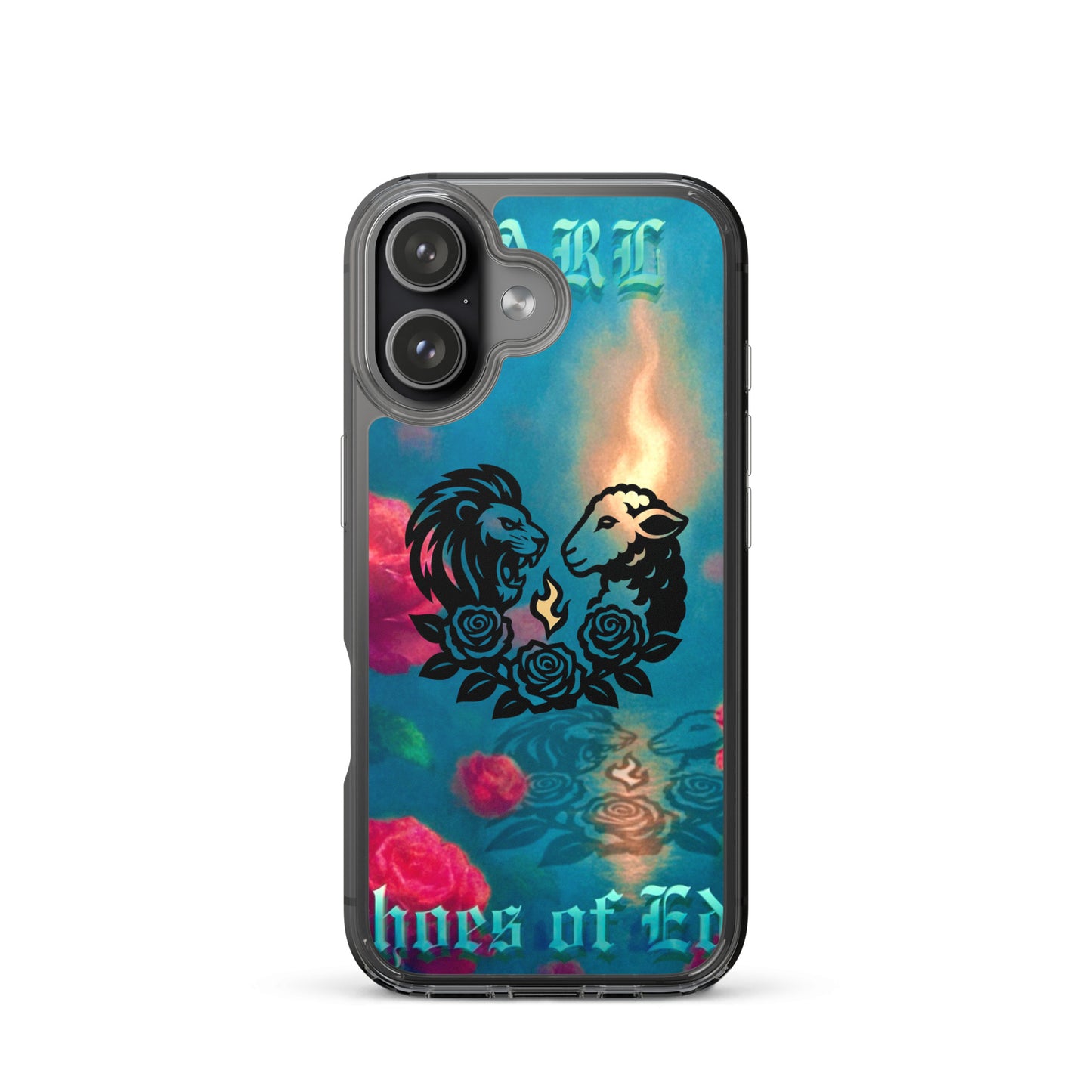 Phone case with a design of two animals and roses on a colorful background