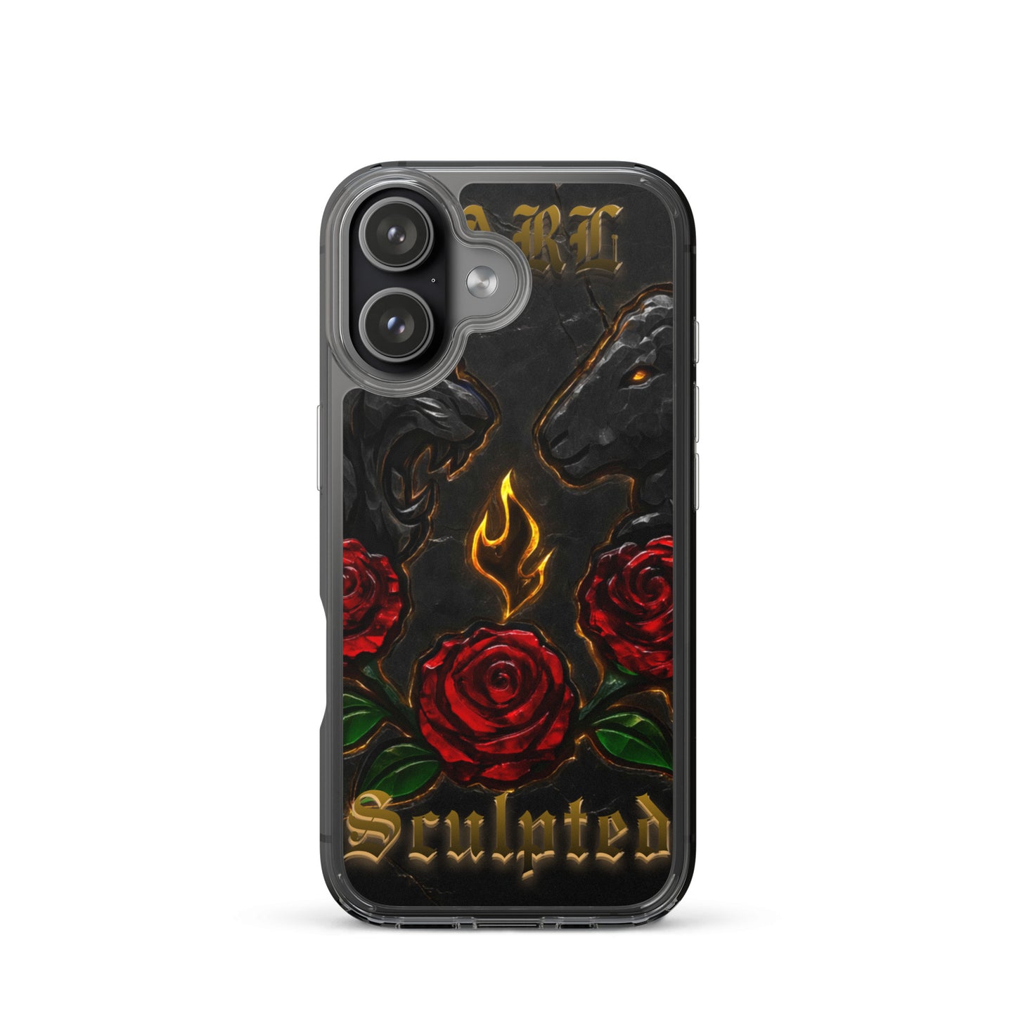 Phone case with roses, flames, and 'Sculpted' text on a white background