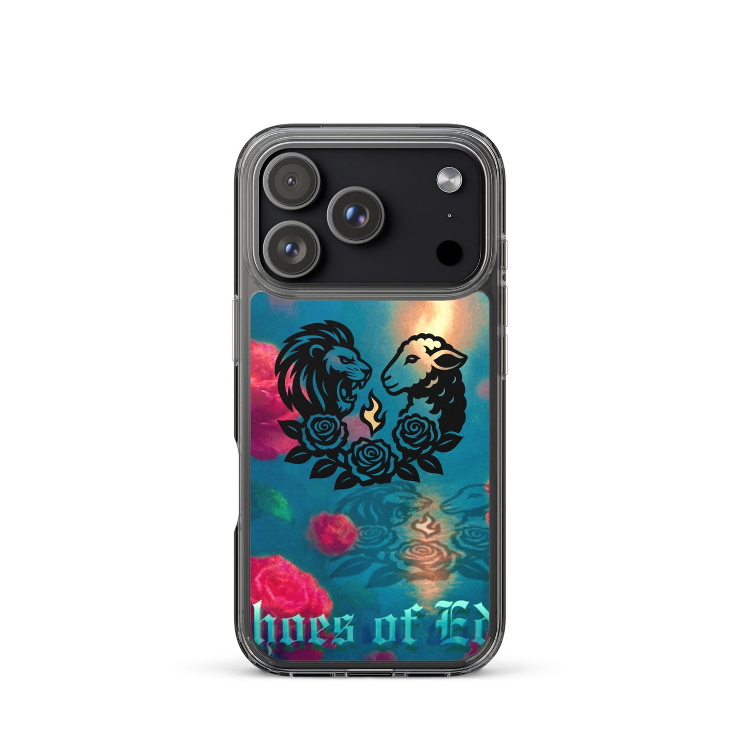 iPhone case with lion and lamb design on a colorful background