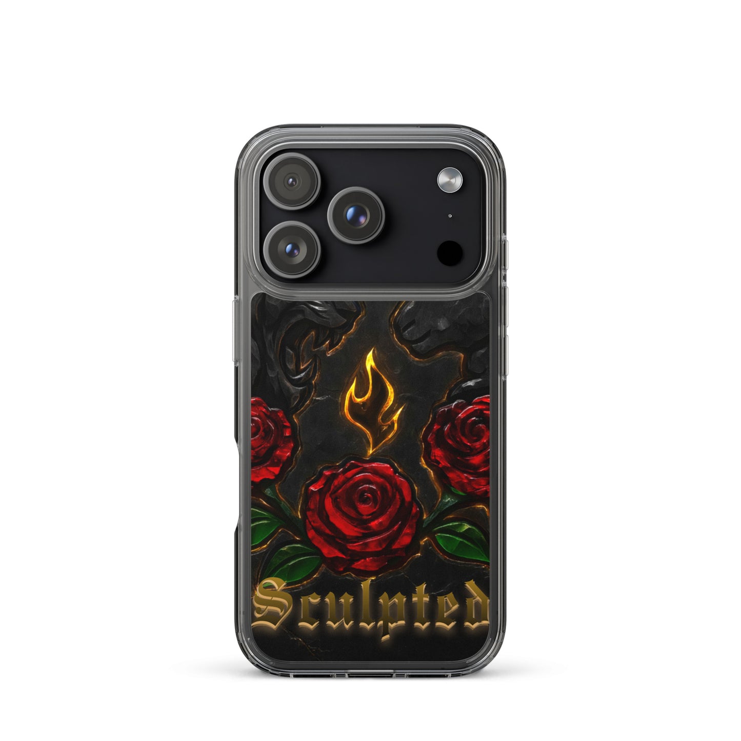 Phone case with red roses and flame design on a black background