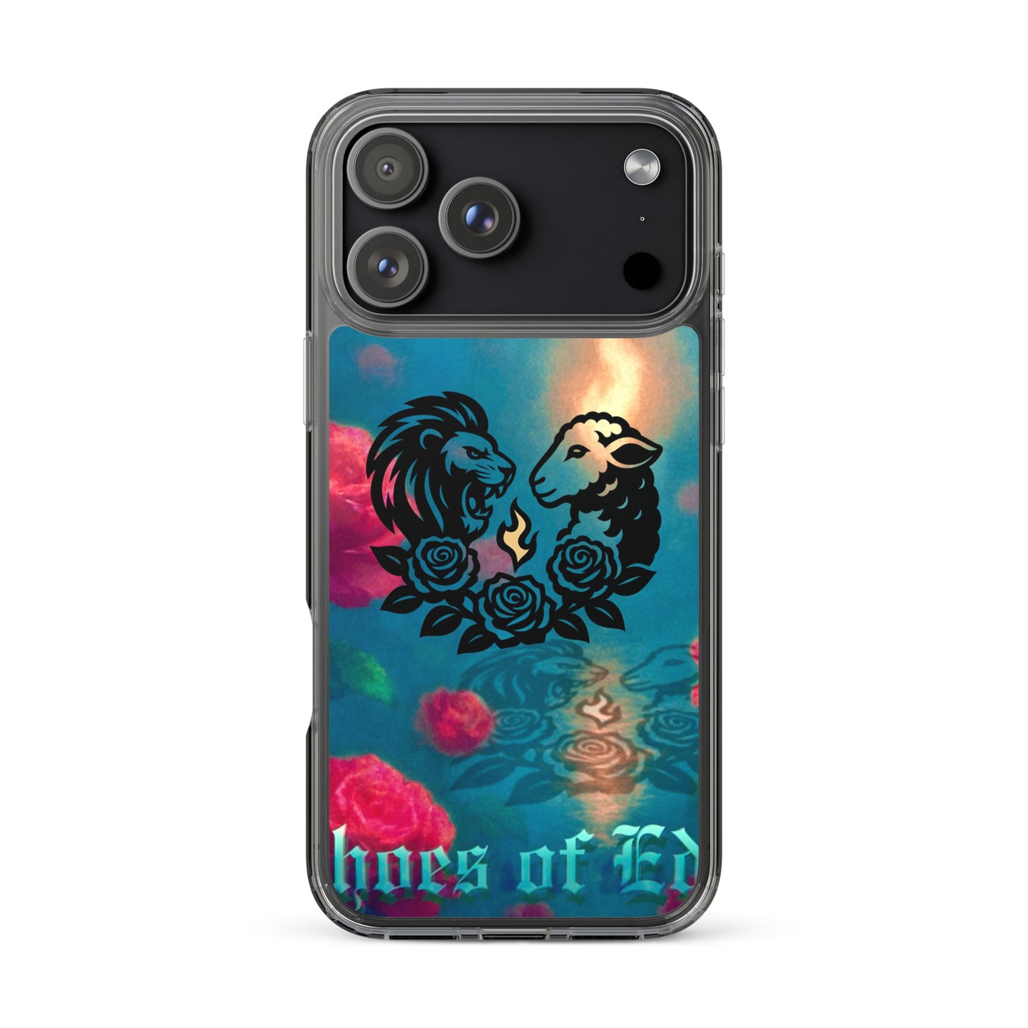 Phone case with a colorful design featuring a lion and lamb, surrounded by roses, on a white background.