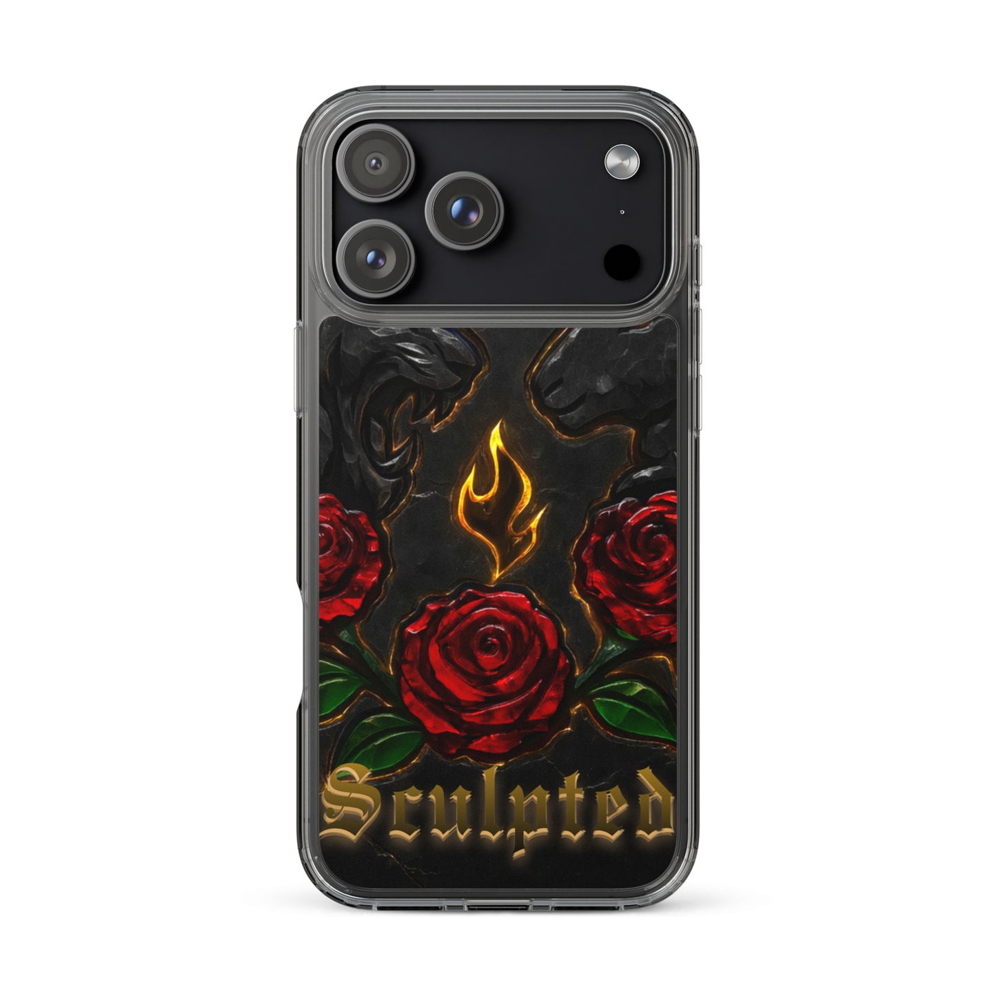 Phone case with red roses and 'Sculpted' text on a black background