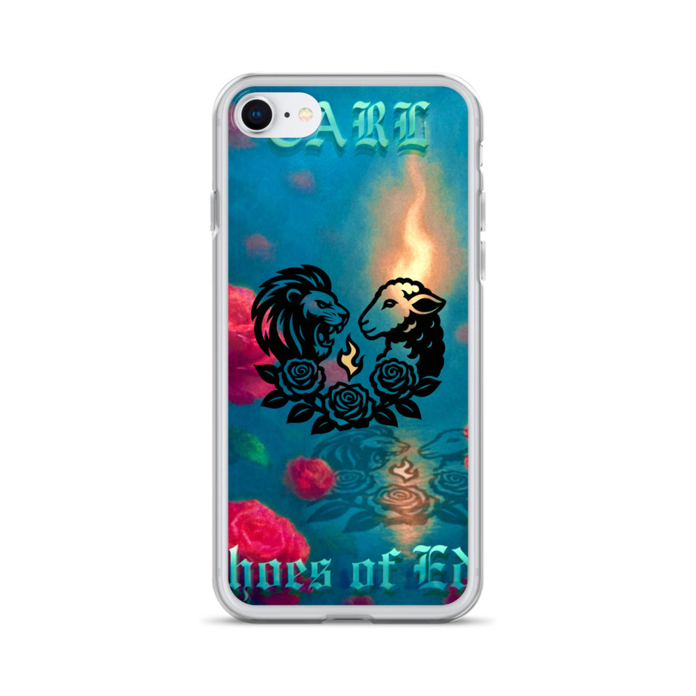 Phone case with lion and lamb design and 'Echoes Of Eden' text on a colorful background