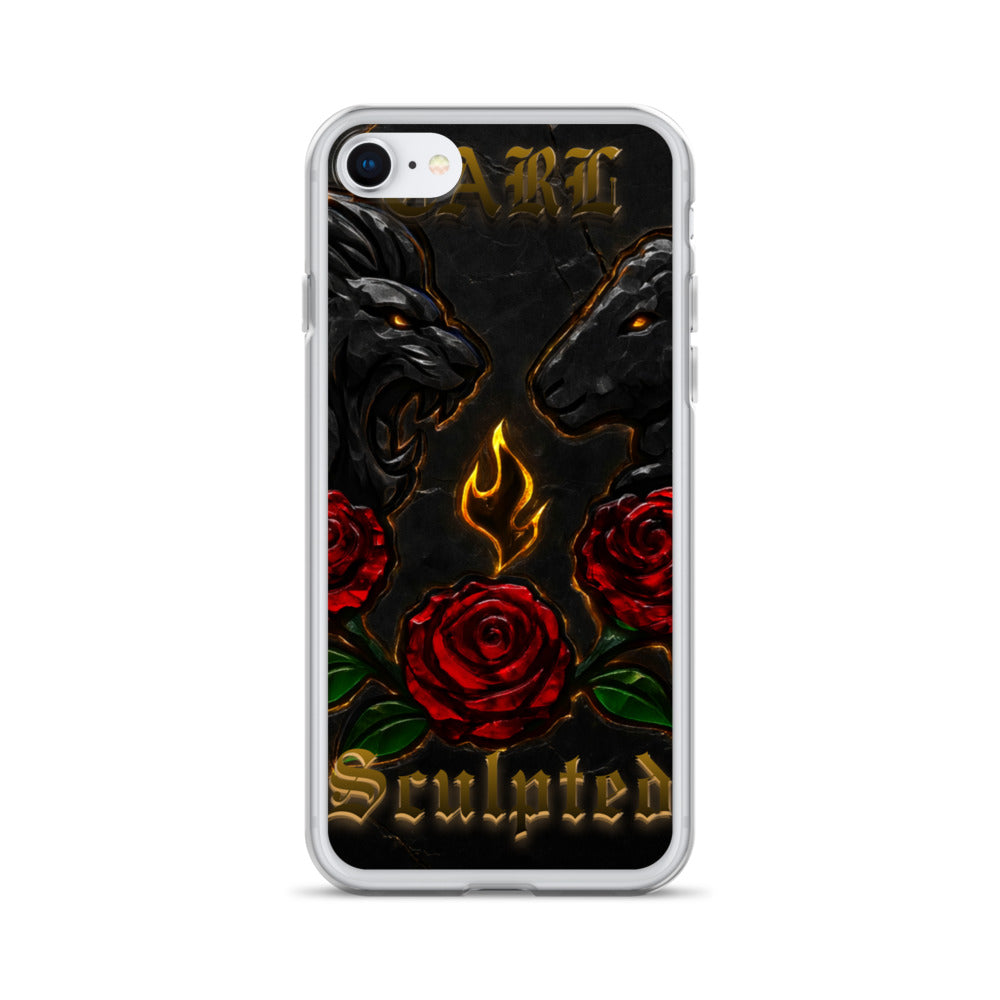 Phone case with black lion and lamb, red roses, and 'Sculpted' text on a white background