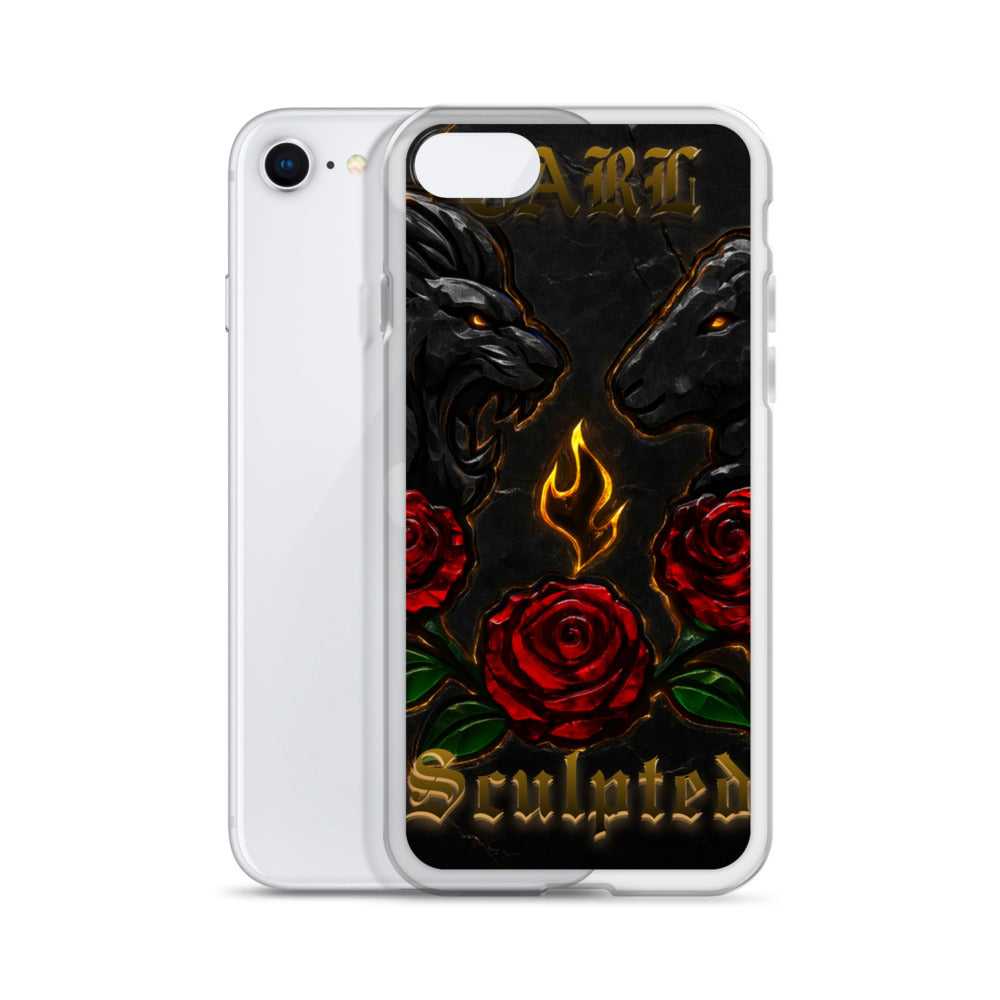 Phone case with black lion and lamb, red roses, and 'Sculpted' text on a white background