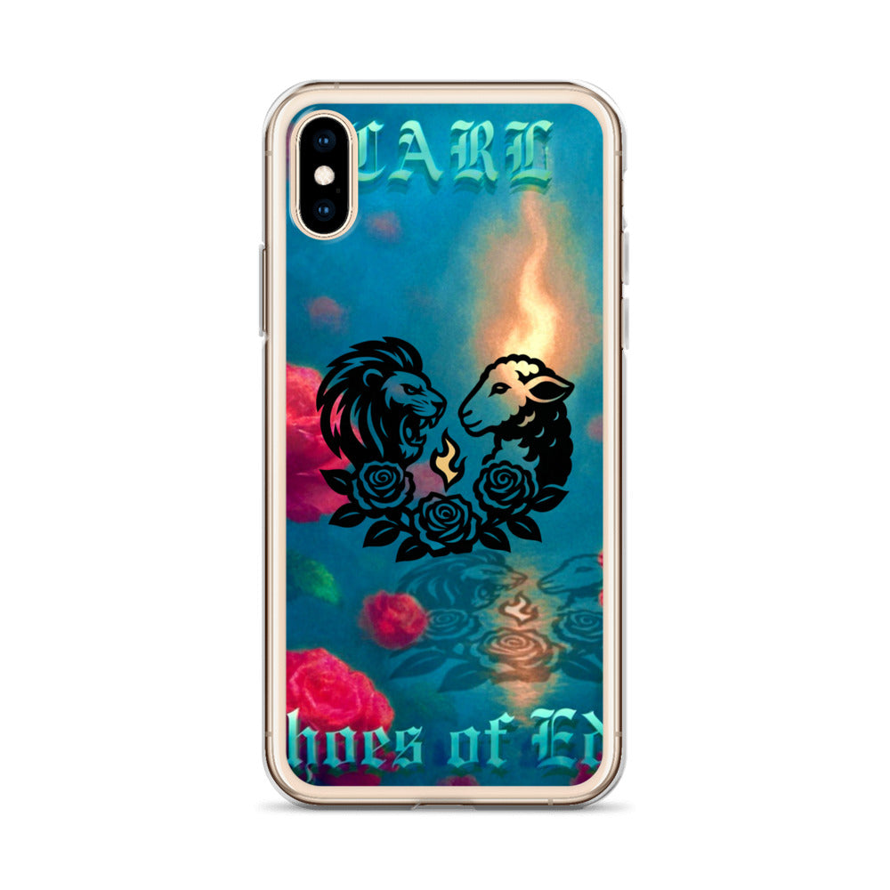Phone case with a colorful design featuring a lion and lamb, roses, and text on a white background.