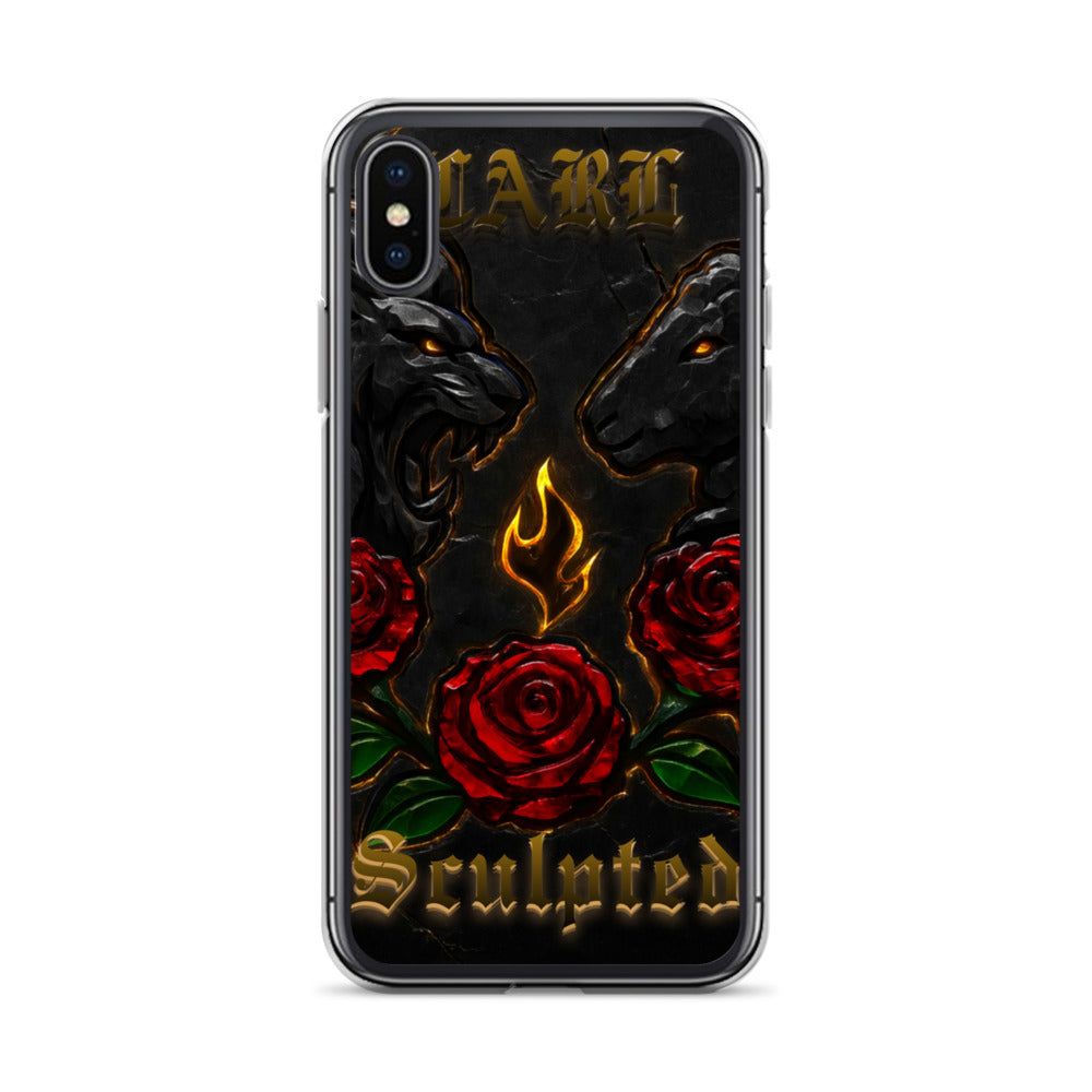 Phone case with black lion and lamb, red roses, and 'Sculpted' text on a white background