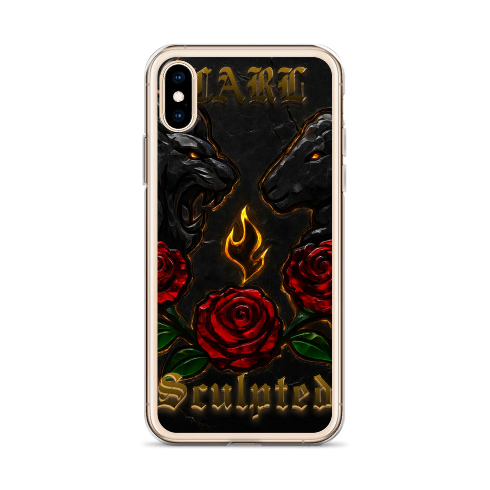 Phone case with black lion and lamb, red roses, and 'Sculpted' text on a white background