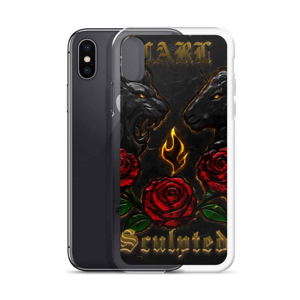 Phone case with lion and lamb design, roses, and 'Sculpted' text on a white background