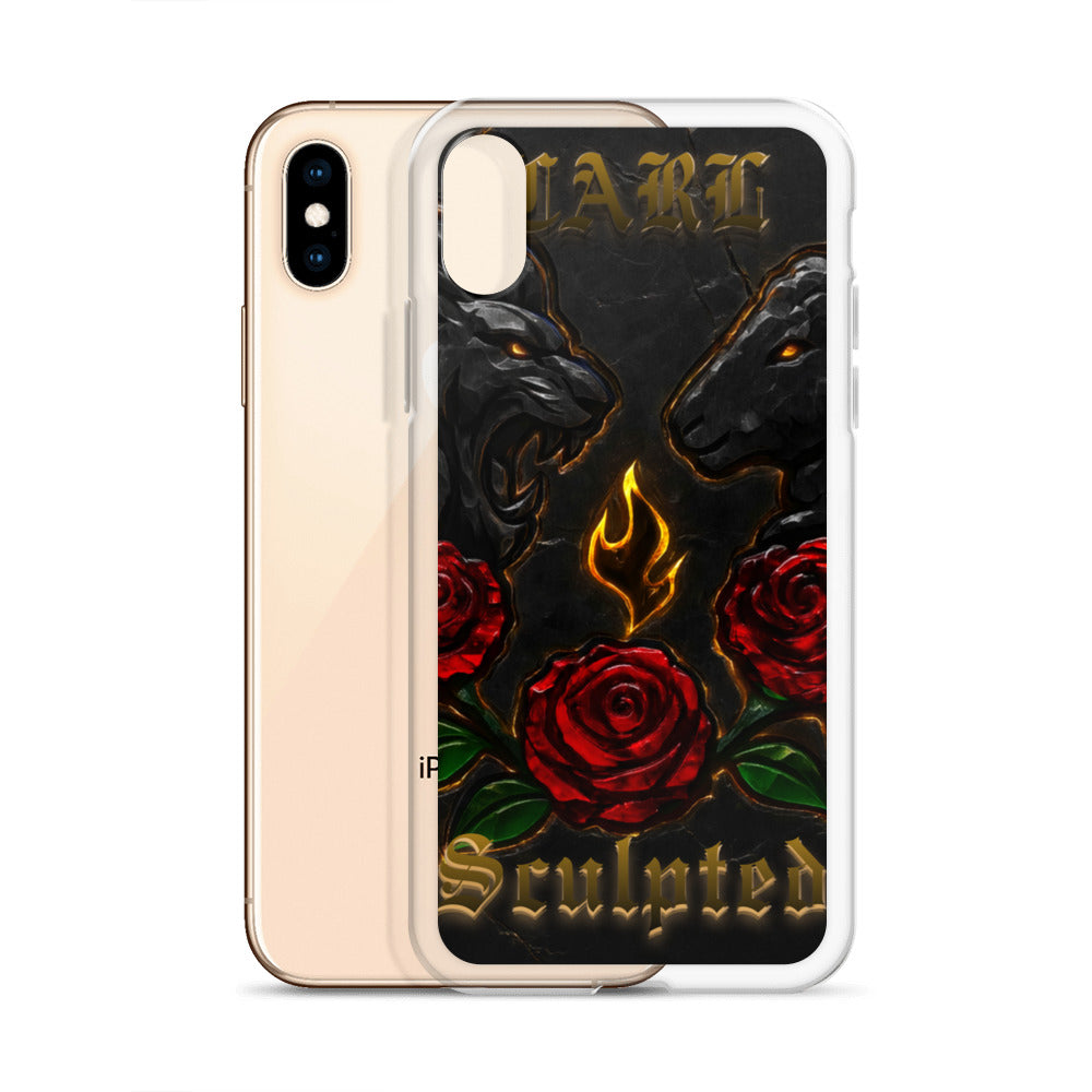 Phone case with black lion and lamb, red roses, and 'Sculpted' text on a white background