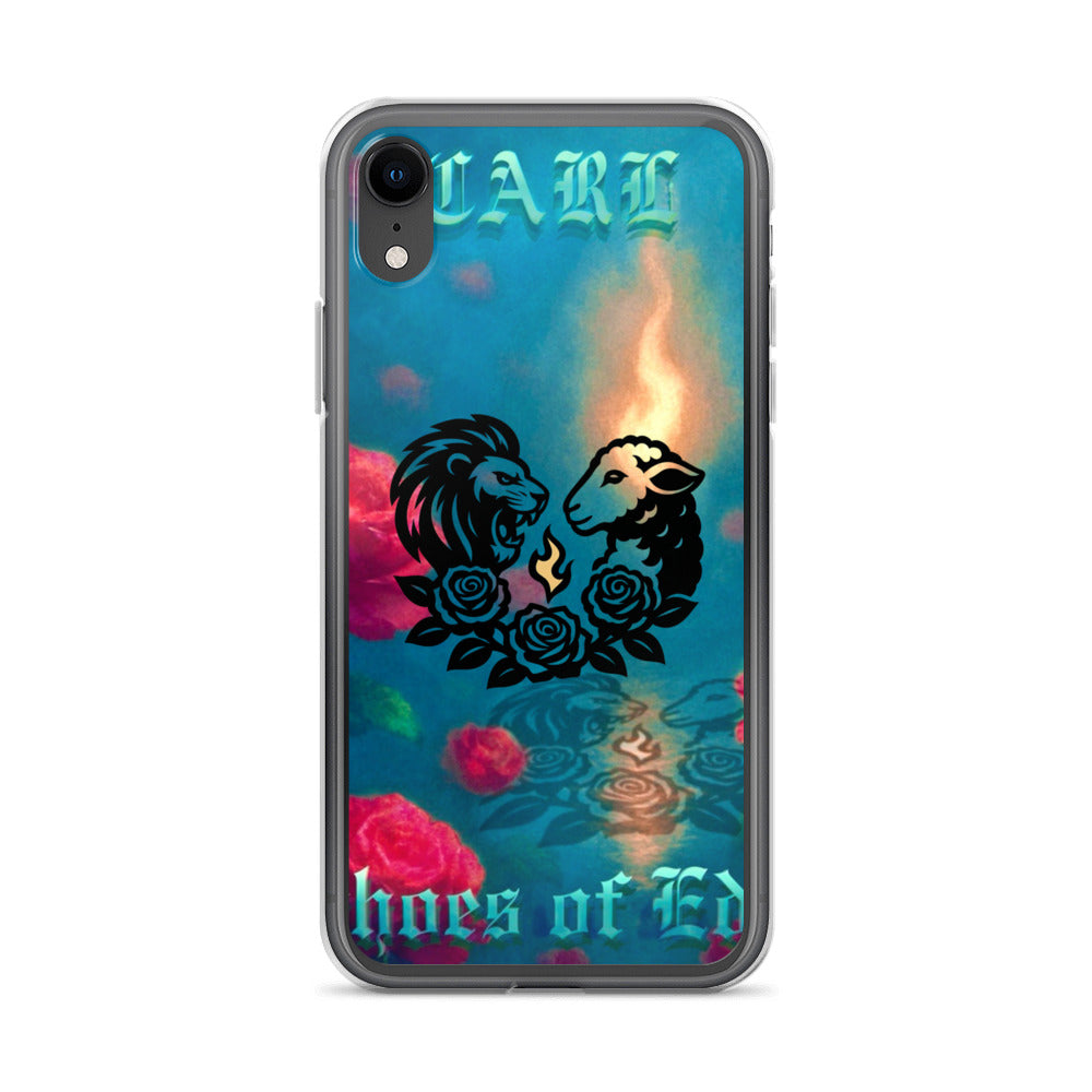 iPhone case with lion and lamb design on a colorful background