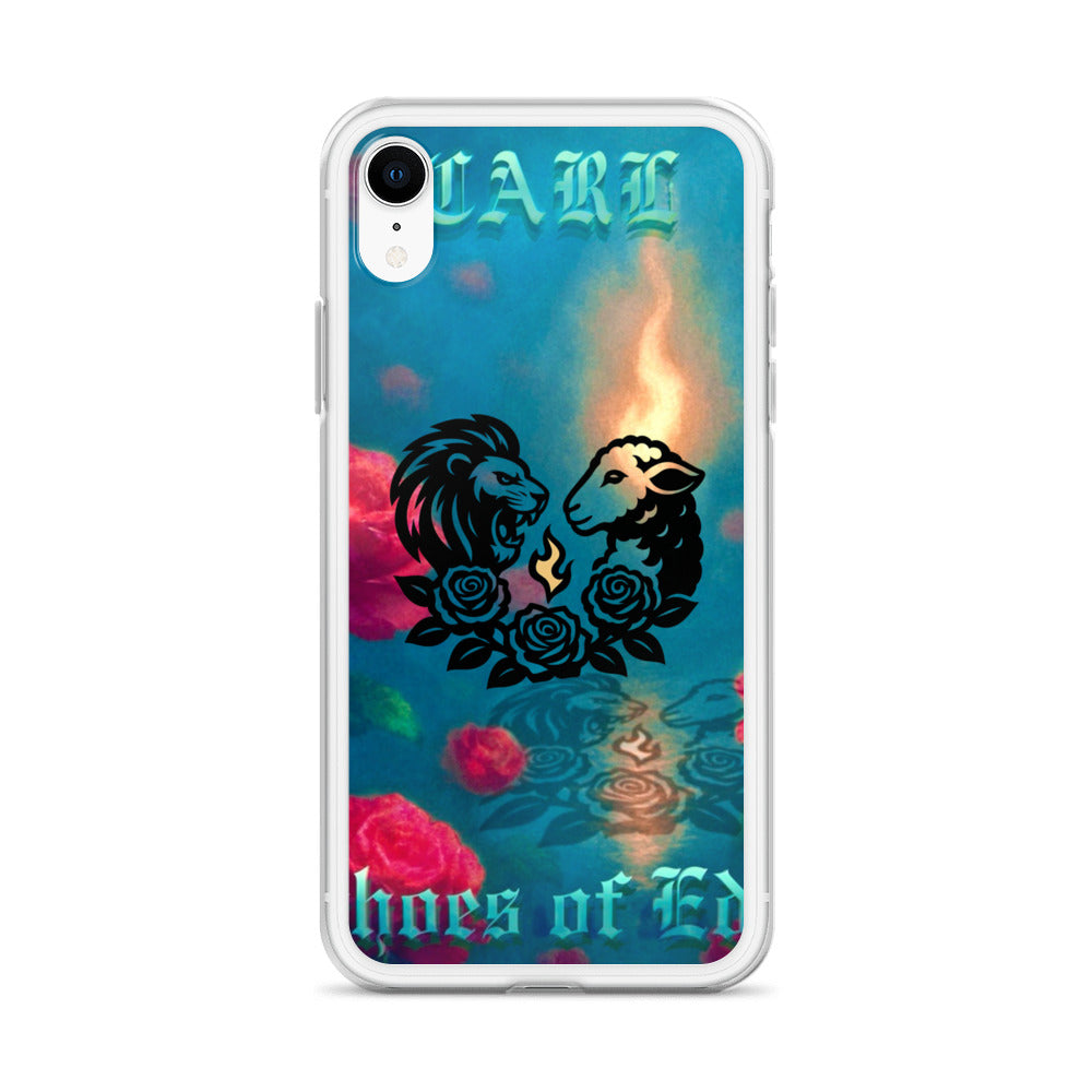 iPhone case with lion and lamb design on a colorful background