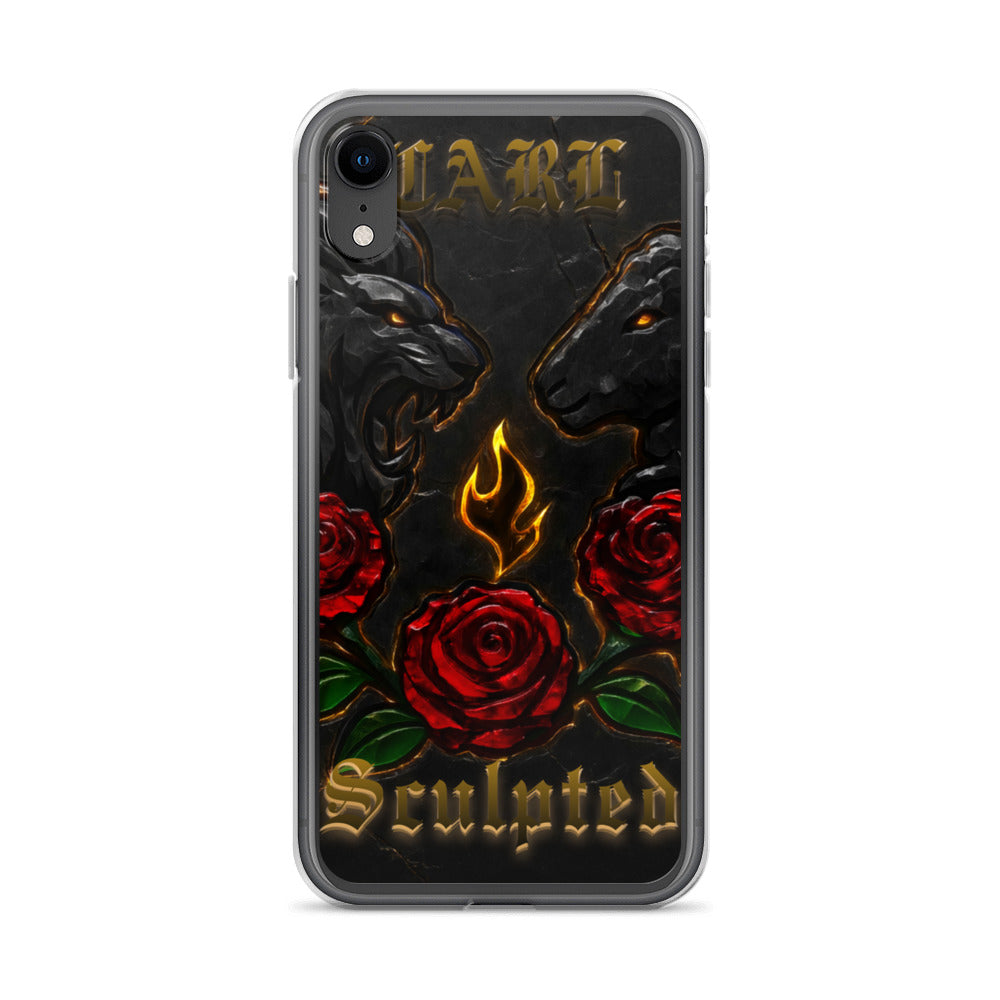 Phone case with black lion and lamb design, red roses, and 'Sculpted' text on a white background