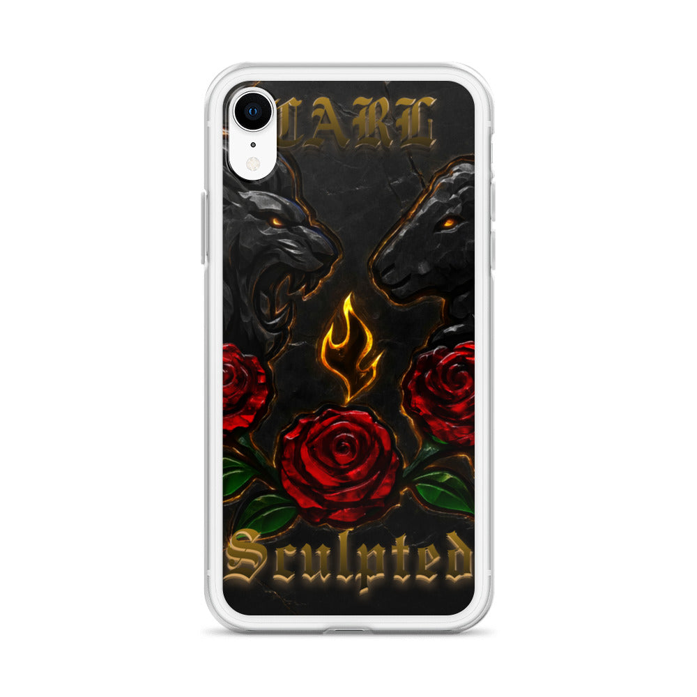 Phone case with lion and lamb design, red roses, and 'Sculpted' text on a white background