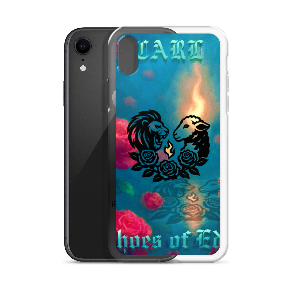Phone case with lion design and colorful background on a white background