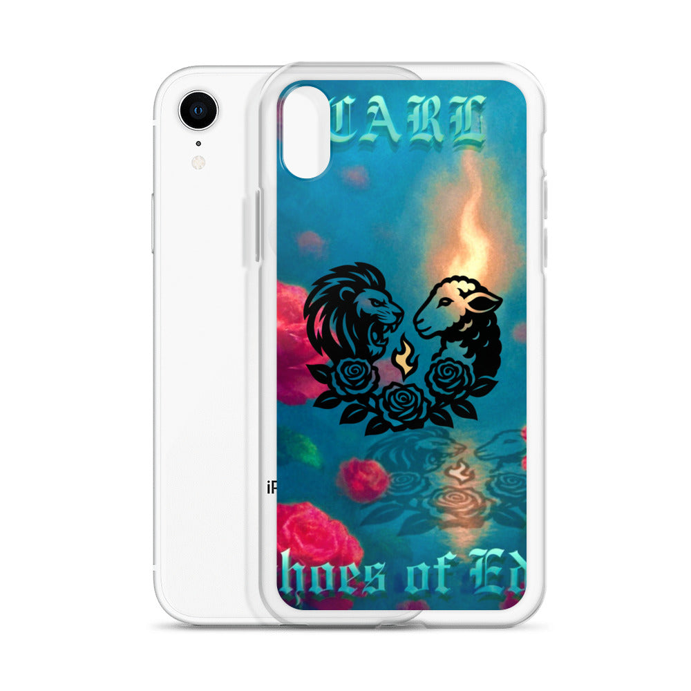 iPhone case with lion and lamb design on a colorful background