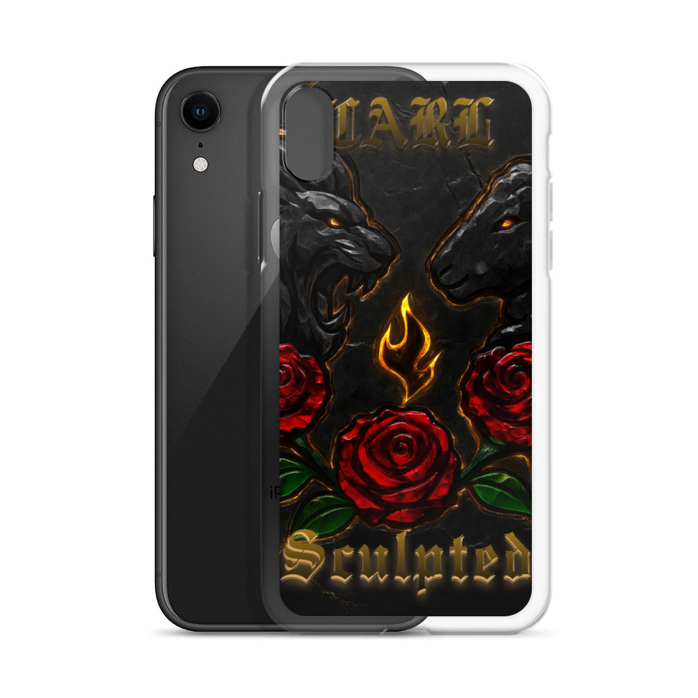 Phone case with black lion and lamb, red roses, and 'Sculpted' text on a dark background
