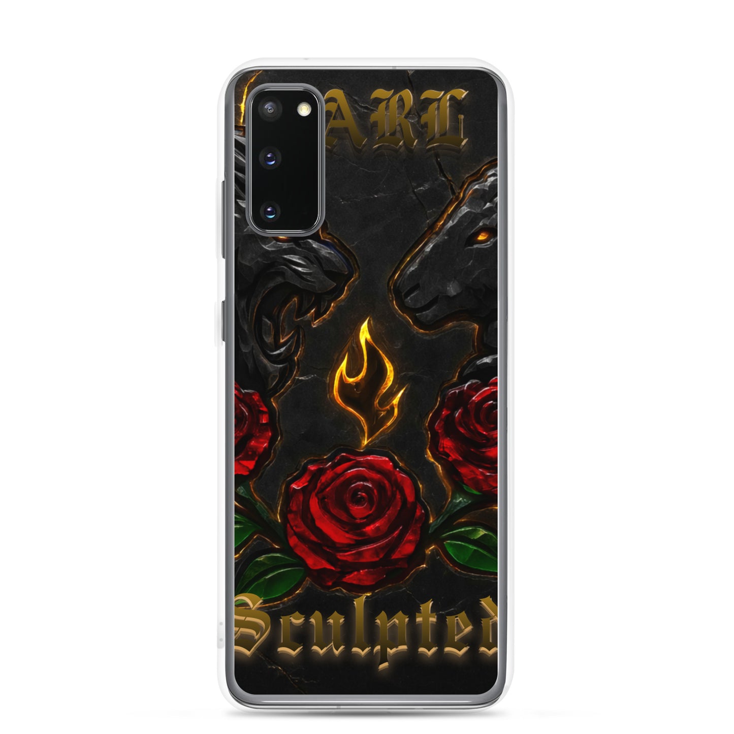 Phone case with roses, flames, and 'Artisan' text on a black background