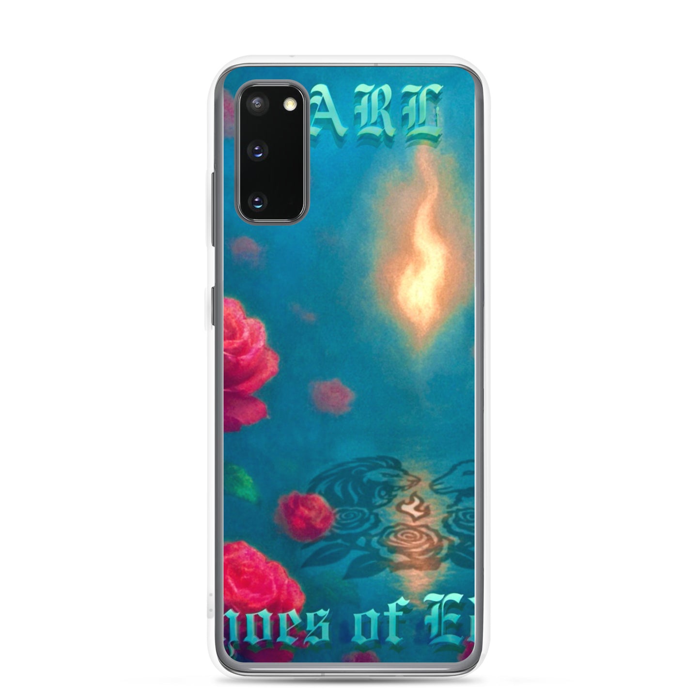Phone case with floral design and text on a blue background