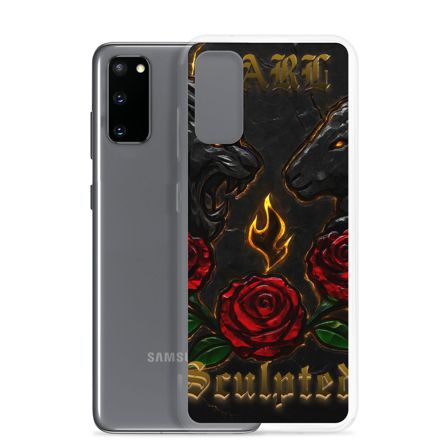 Samsung phone case with red roses and flame design on a black background