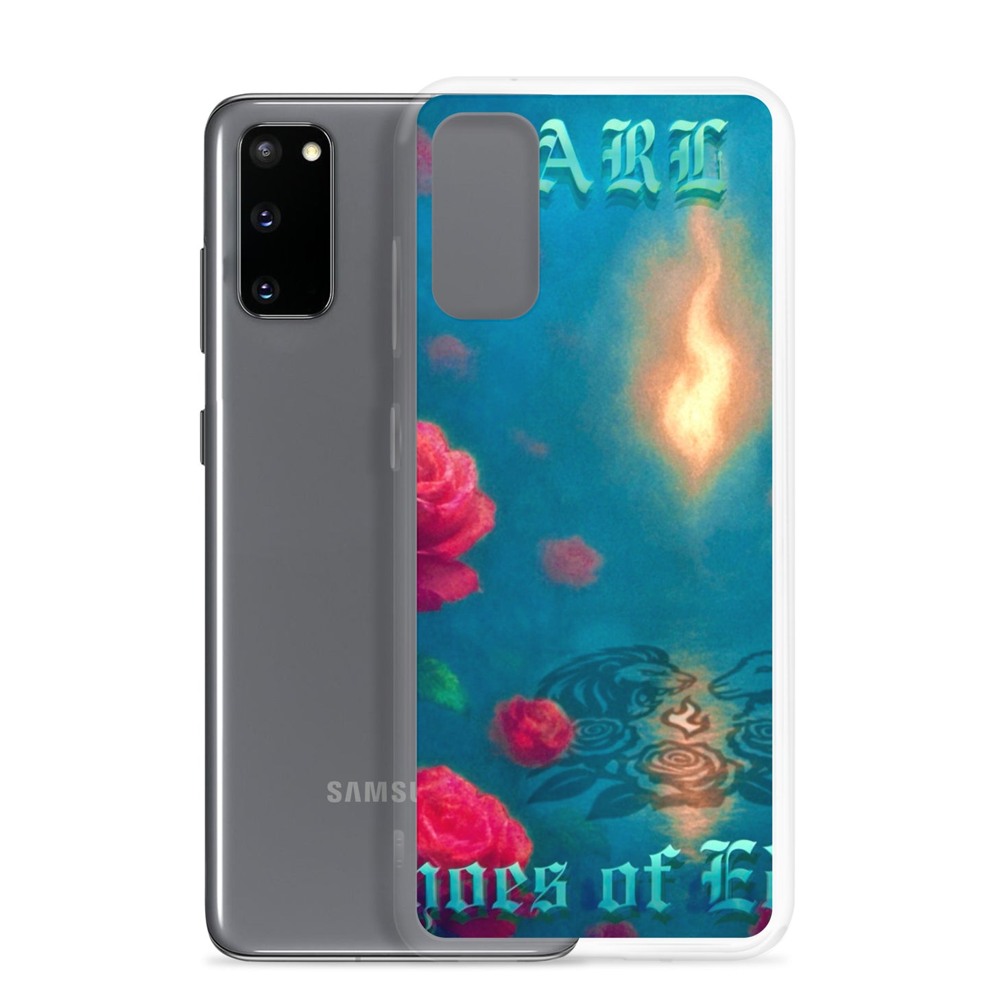 Samsung phone case with floral design and text on a white background