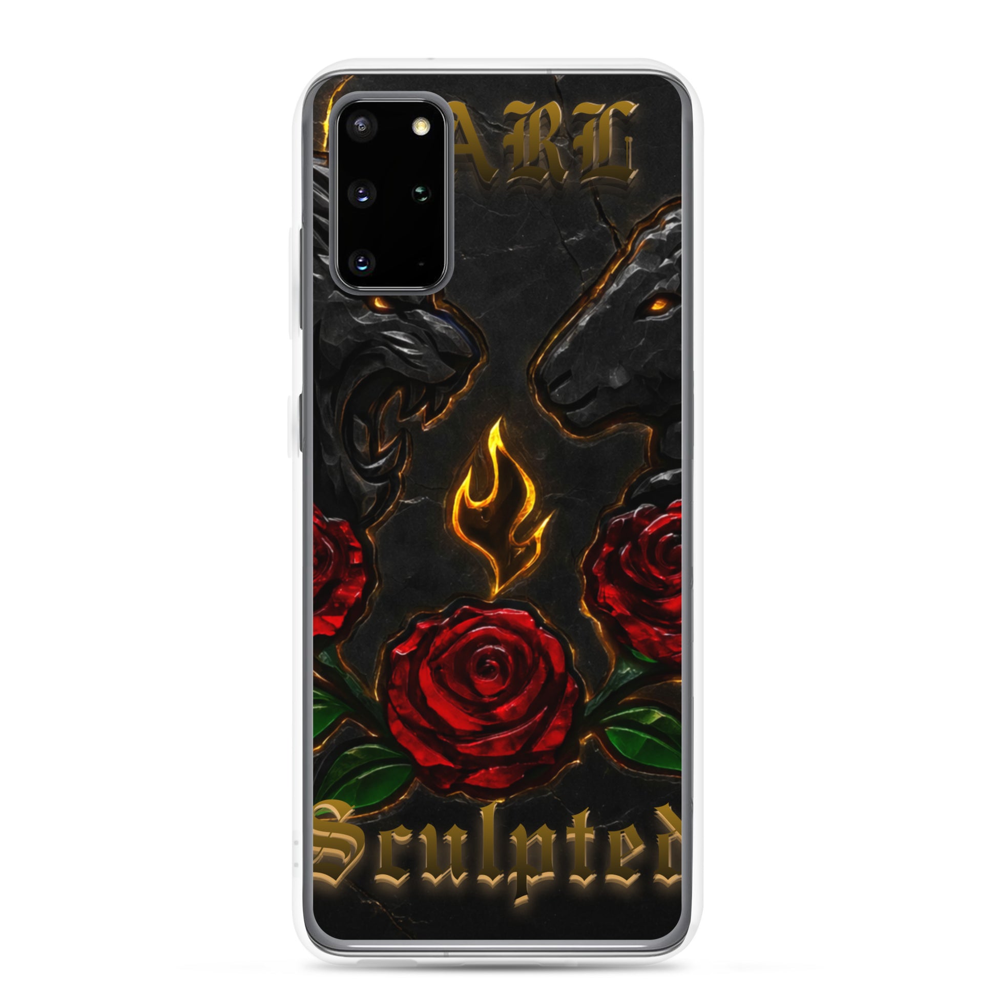 Phone case with horse design, red roses, and 'Sculpted' text on a black background