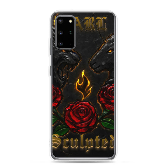 Phone case with horse design, red roses, and 'Sculpted' text on a black background