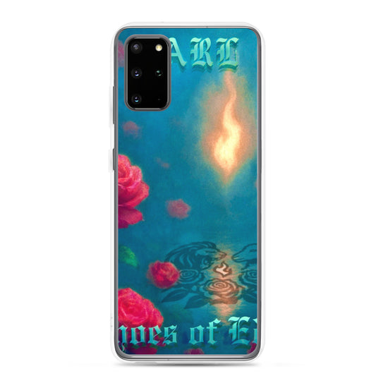 Phone case with floral design and text on a blue background