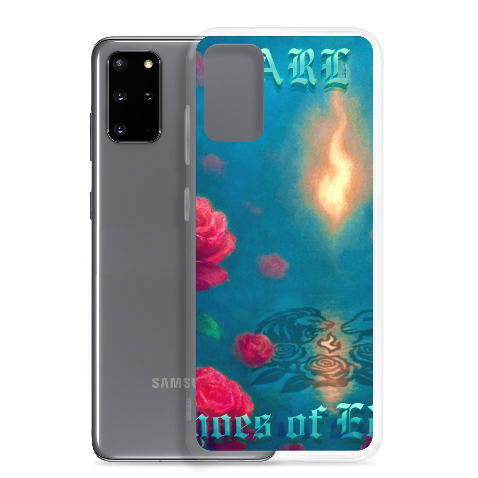 Phone case with floral design and text on a white background