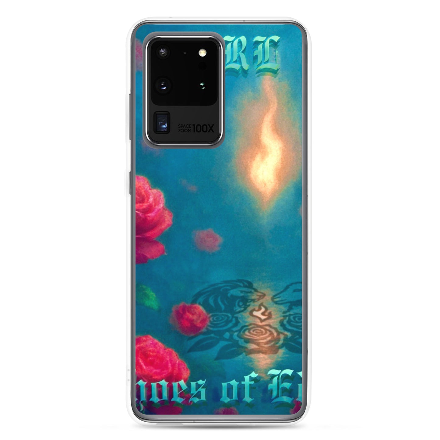 Phone case with floral design and text on a blue background