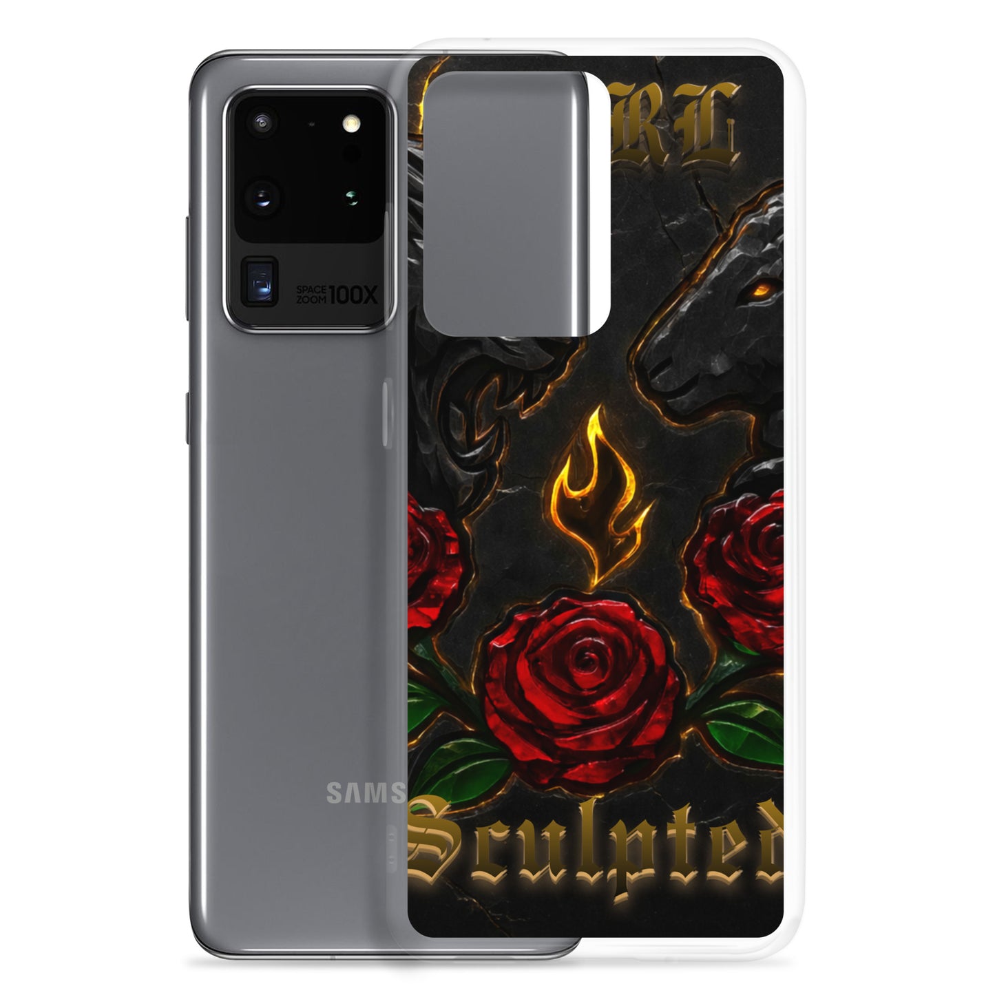 Samsung phone case with red roses and flame design on a white background