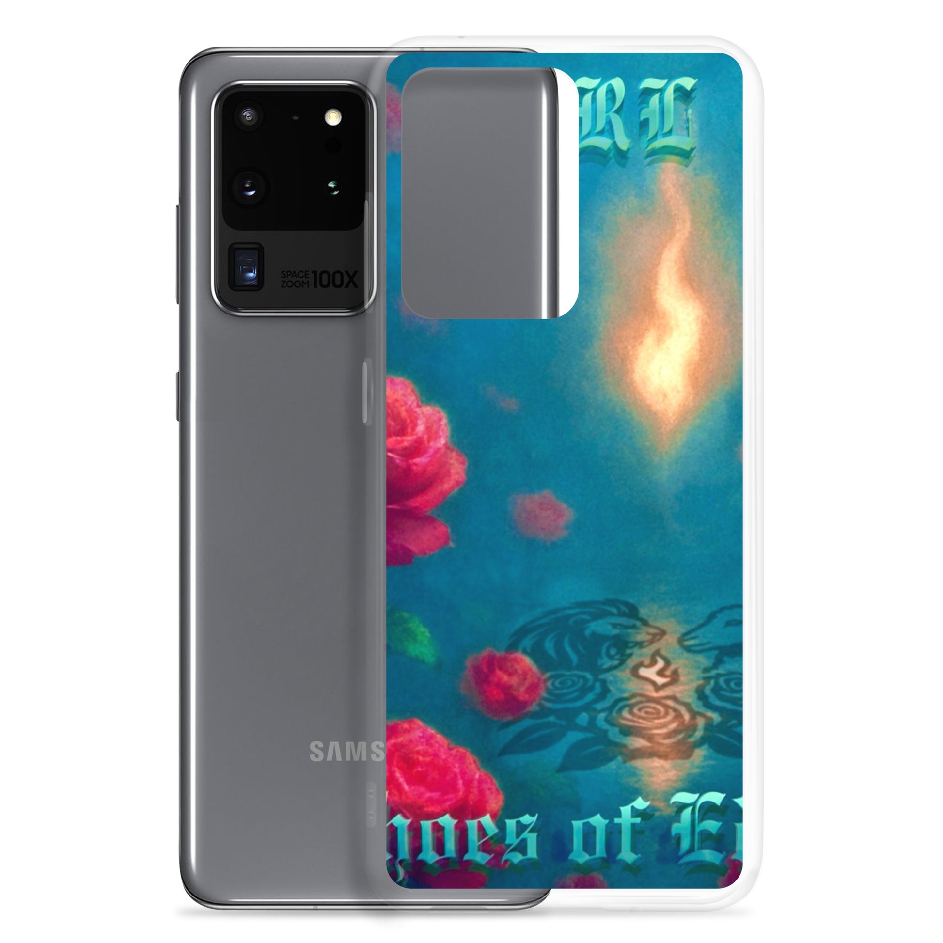 Samsung phone case with floral design and text on a white background