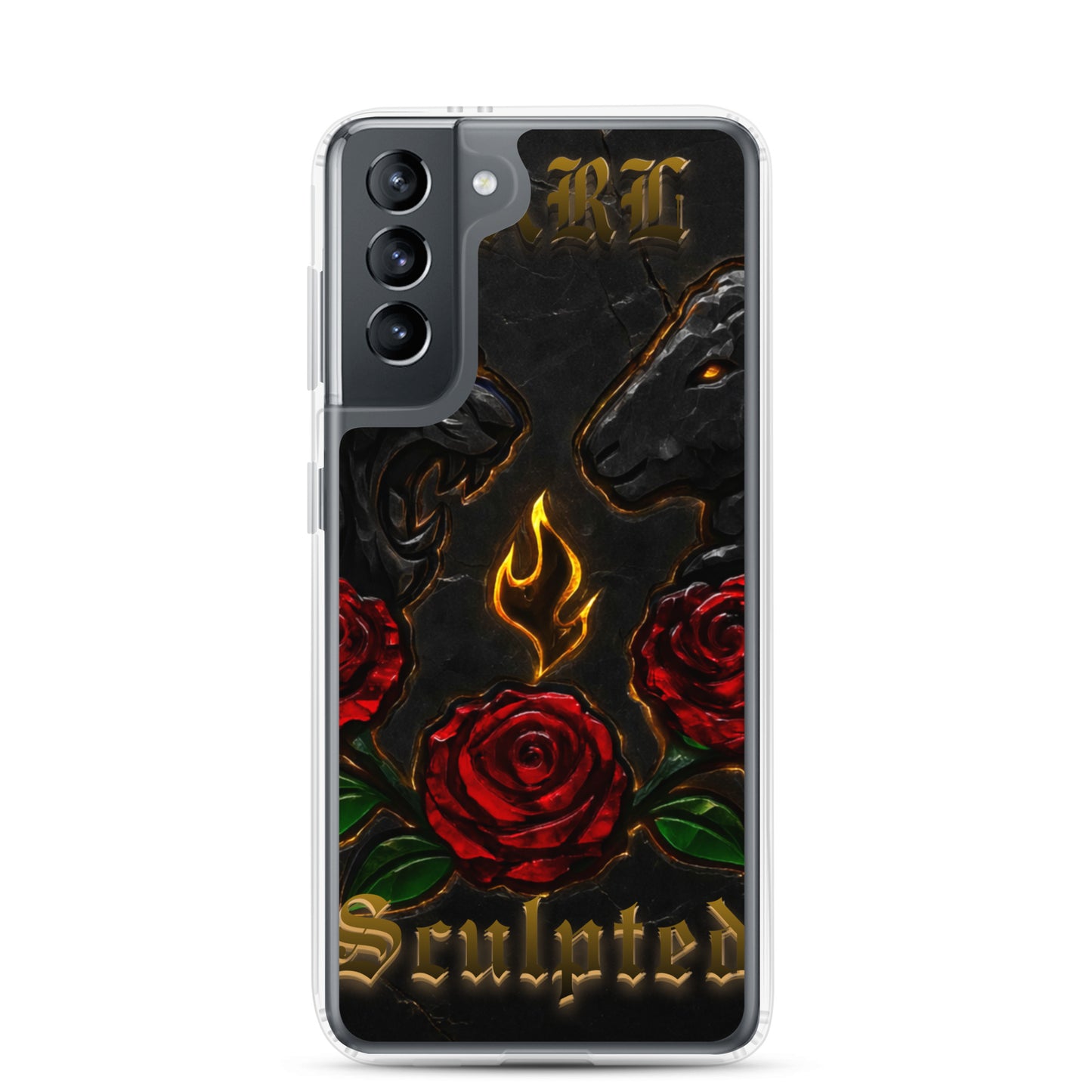 Phone case with horse and rose design on a black background