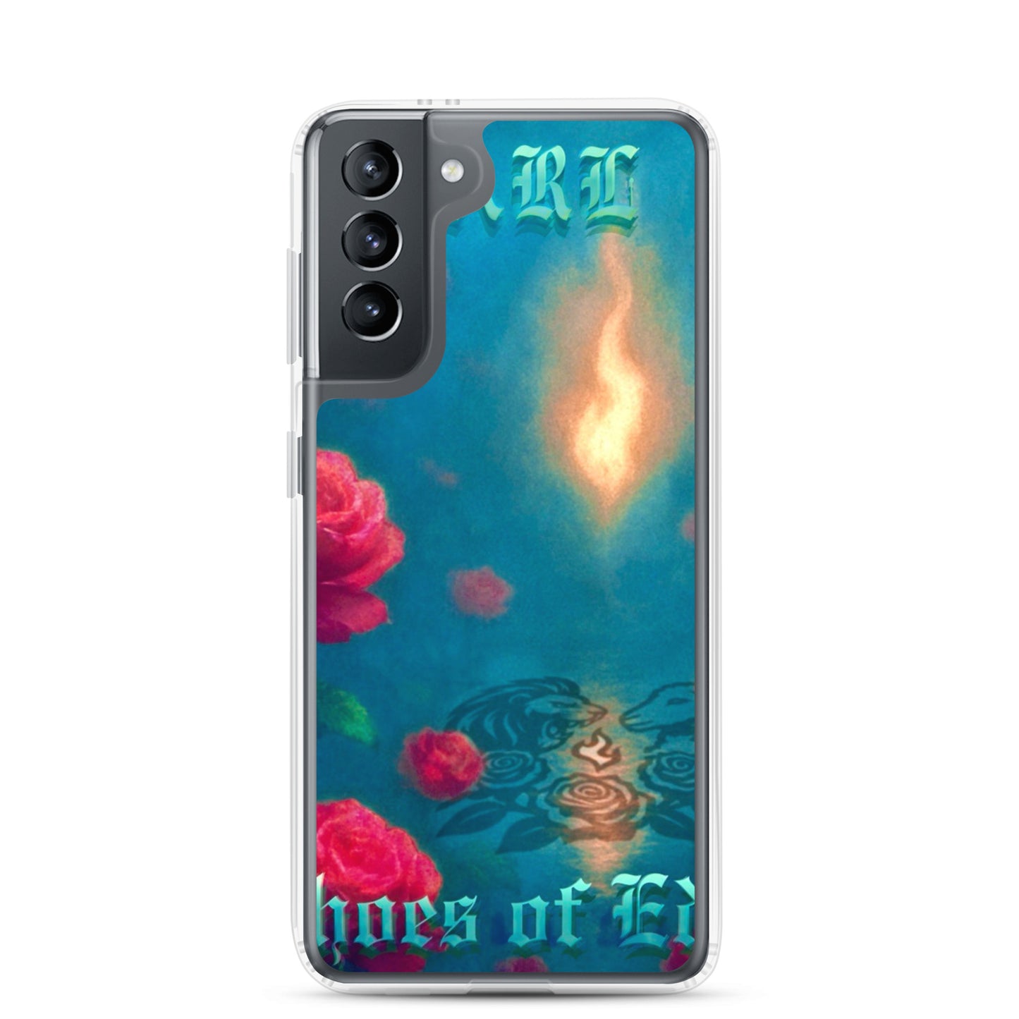 Phone case with floral design and text on a white background