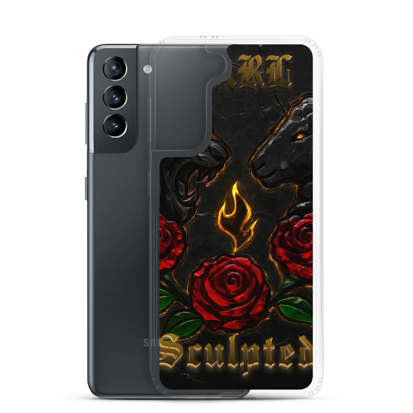 Phone case with red roses, flames, and 'Sculpted' text on a black background