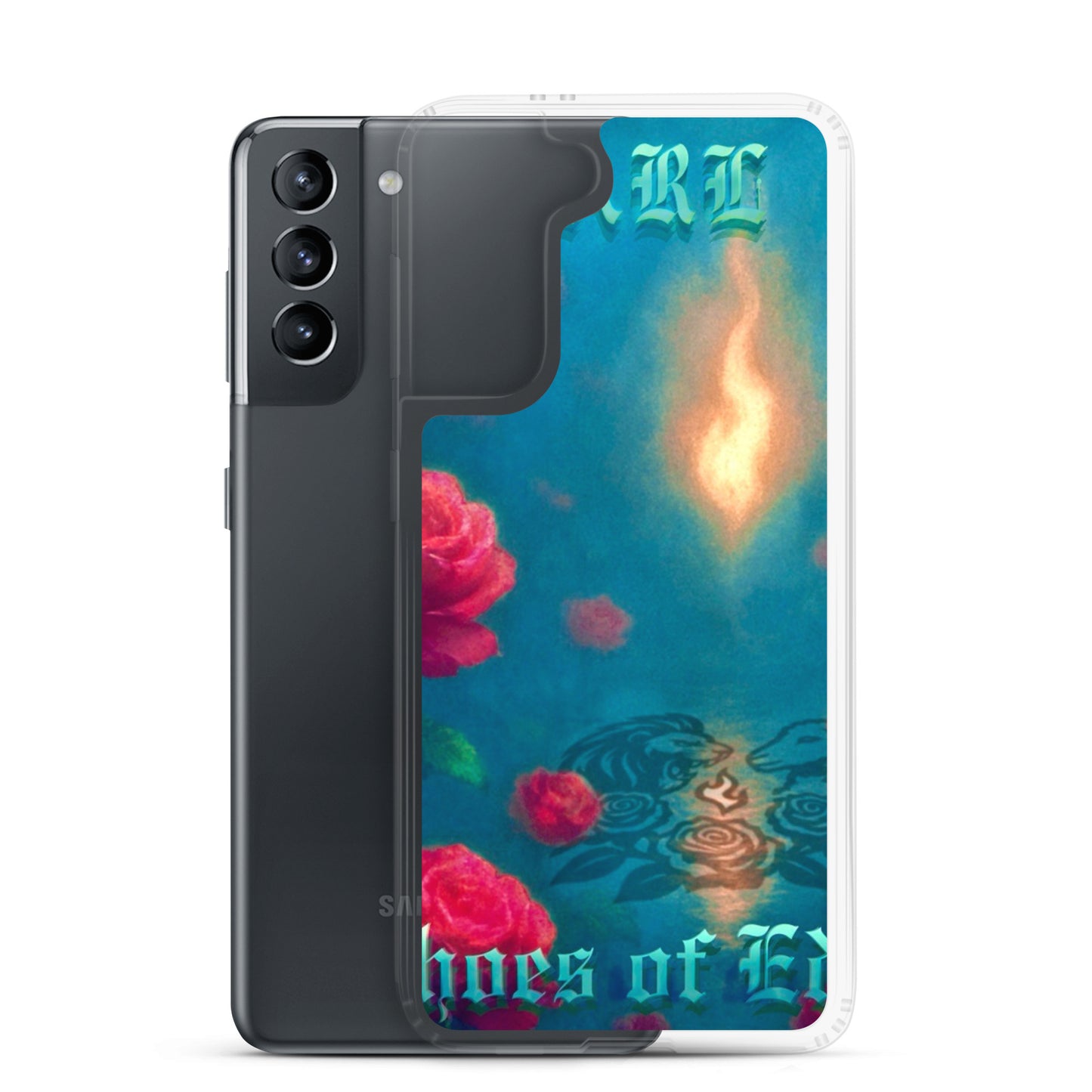 Phone case with floral design and 'CARL' initials on a blue background