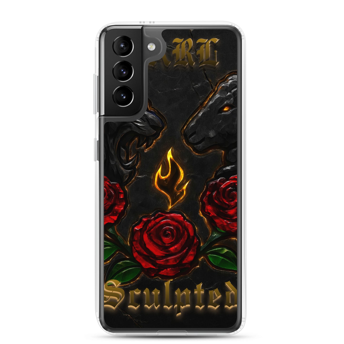 Phone case with roses, flames, and 'Sculpted' text on a black background