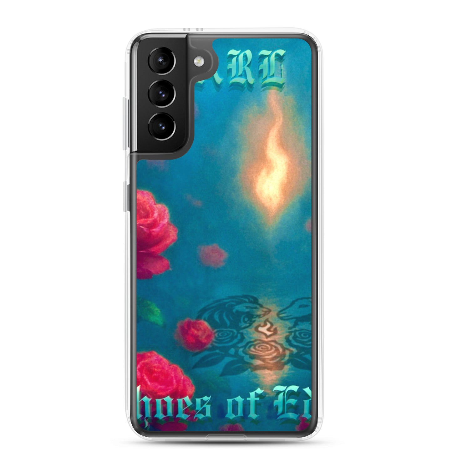 Phone case with floral design and text on a blue background