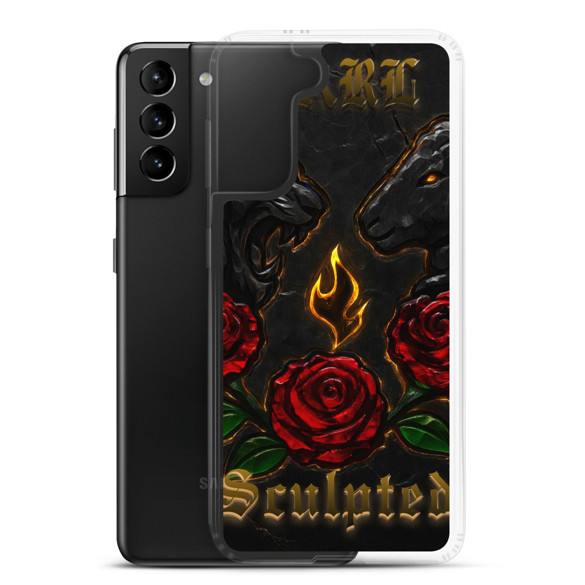 Phone case with roses and flame design on a black background
