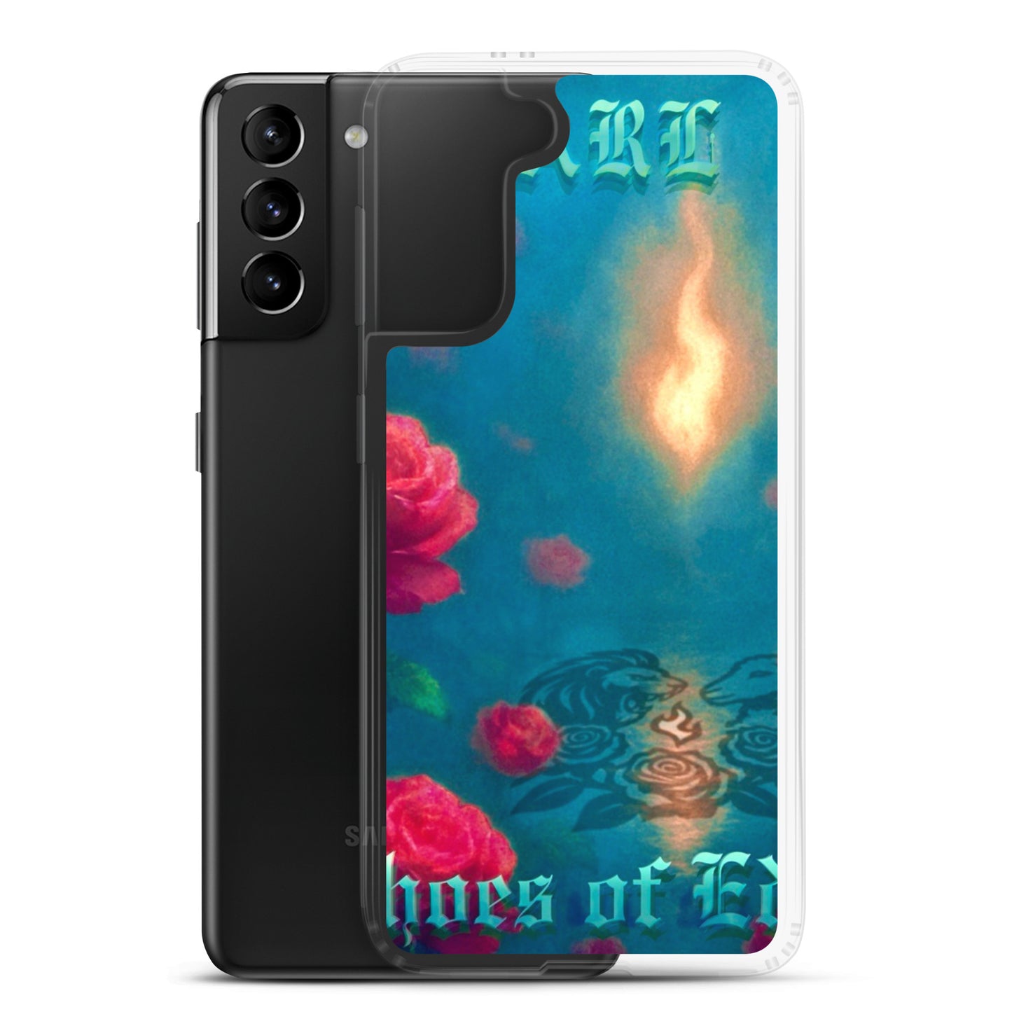 Phone case with floral design and text on a white background