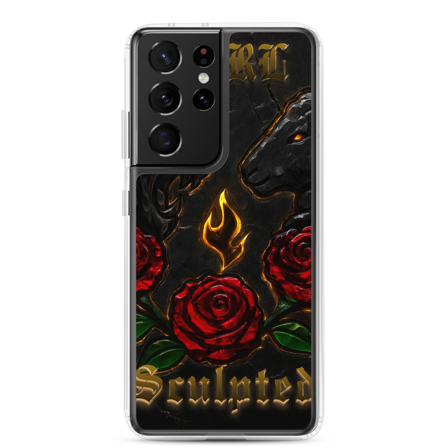 Phone case with roses, flames, and 'Sculpted' text on a black background