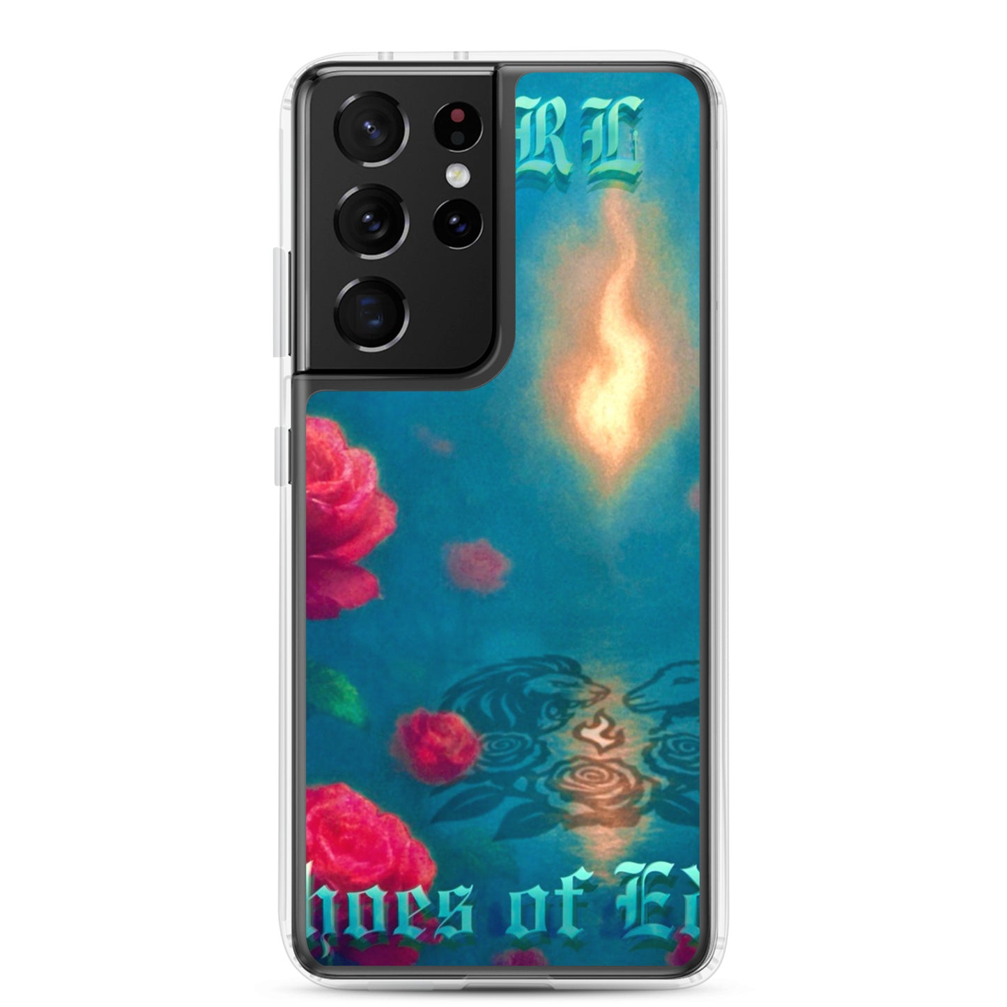 Phone case with floral design and text on a white background
