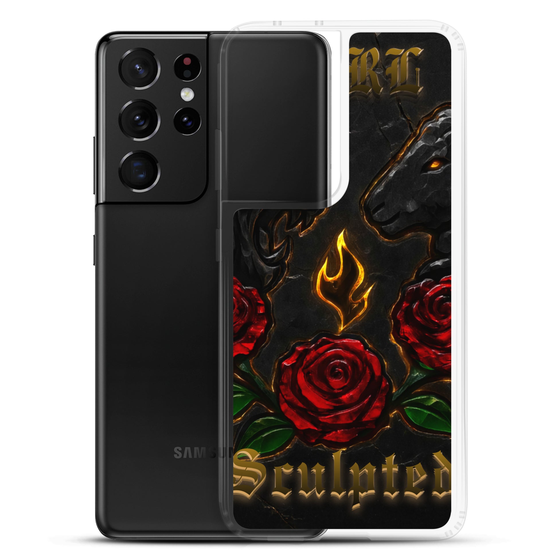 Phone case with red roses and flames design on a black background