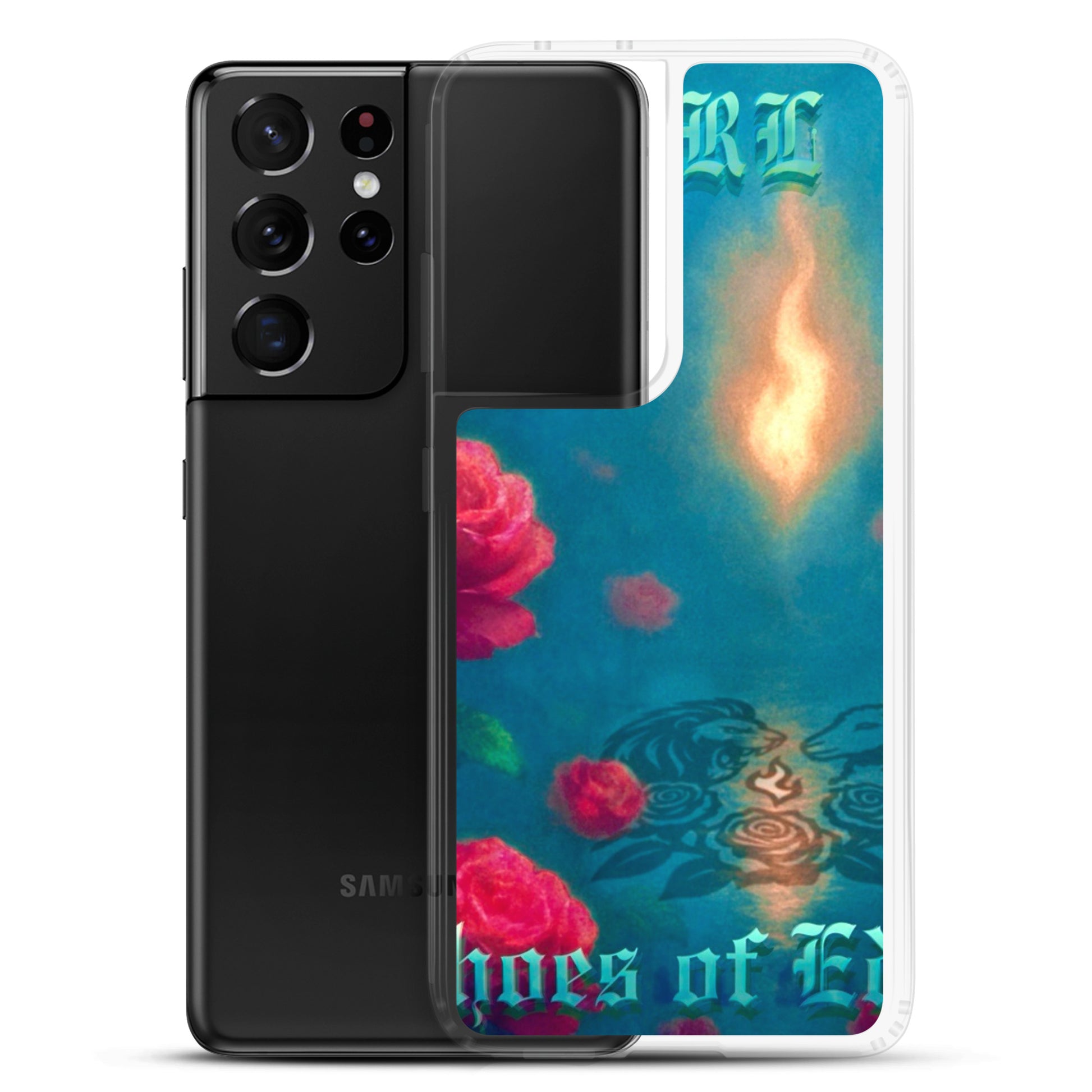 Phone case with floral design and text on a white background