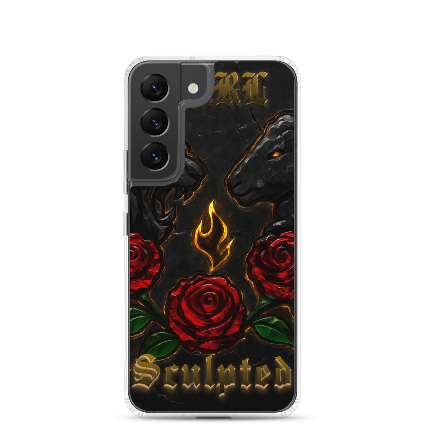 Phone case with black panther, red roses, and 'Sculpted' text on a white background